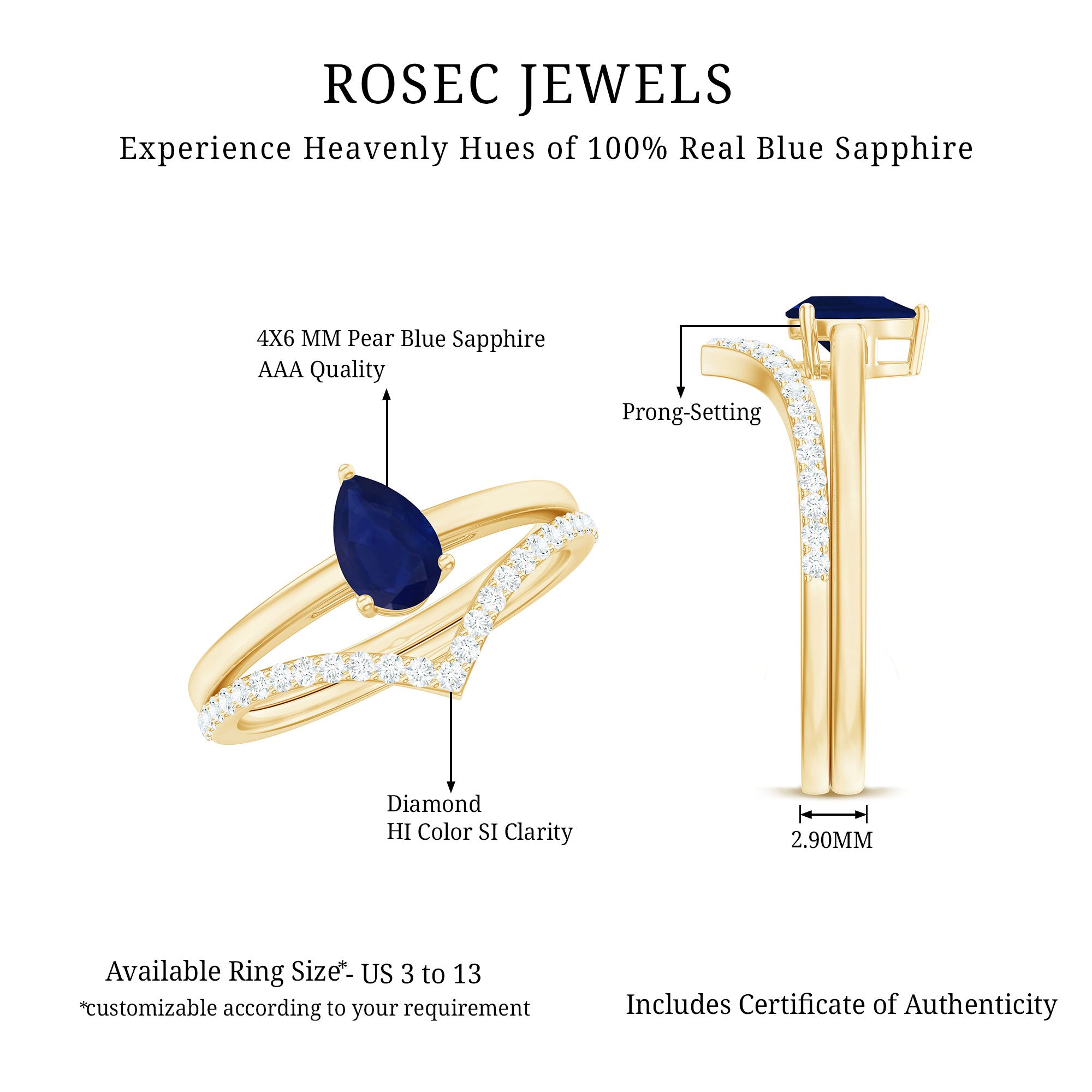 Rosec Jewels-1 CT Pear Cut Blue Sapphire Solitaire Ring Set with Diamond Enhancer Band