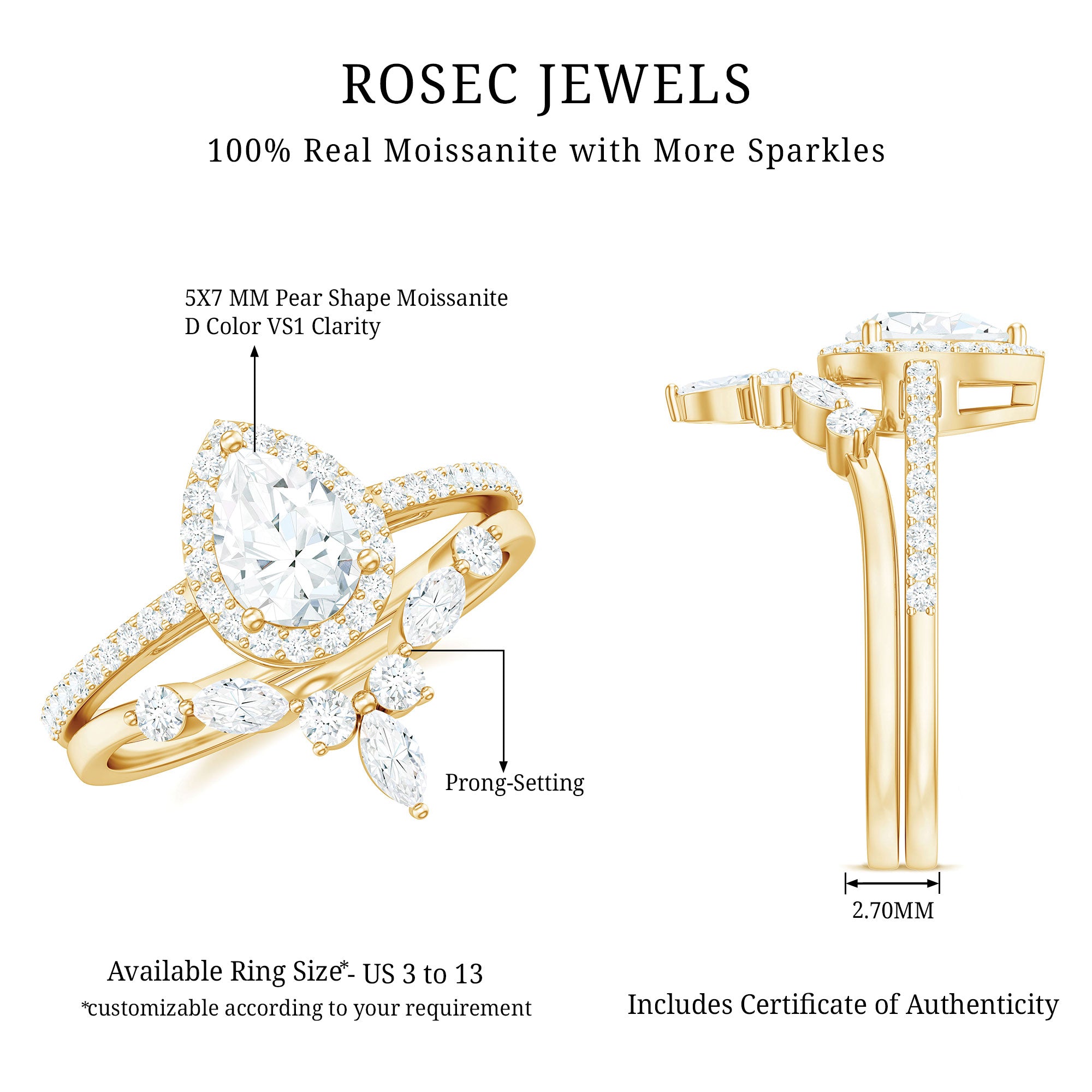 Rosec Jewels-Pear Cut Moissanite Halo Bridal Ring Set with Certificate