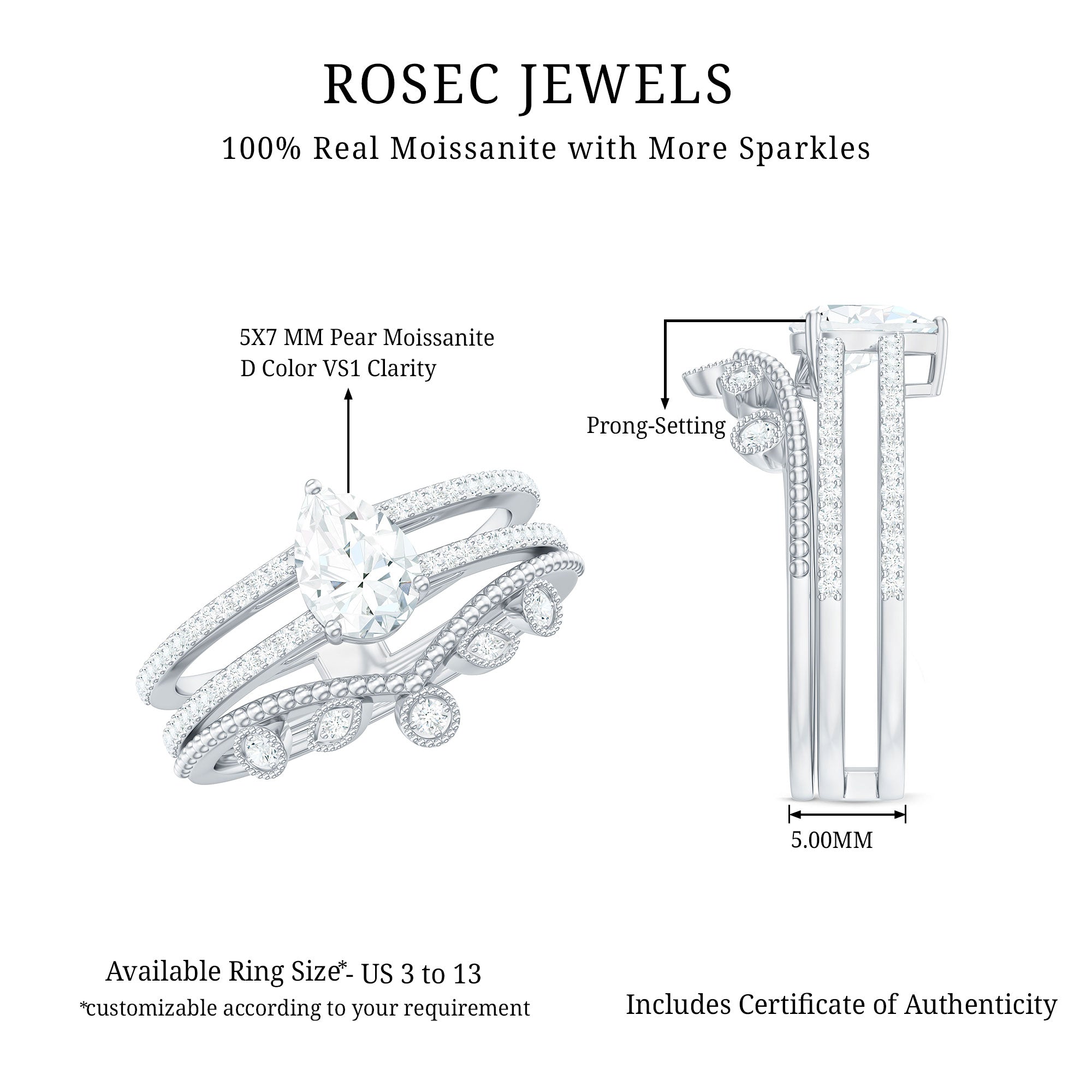 Rosec Jewels-Pear Moissanite Double Band Engagement Ring with Enhancer