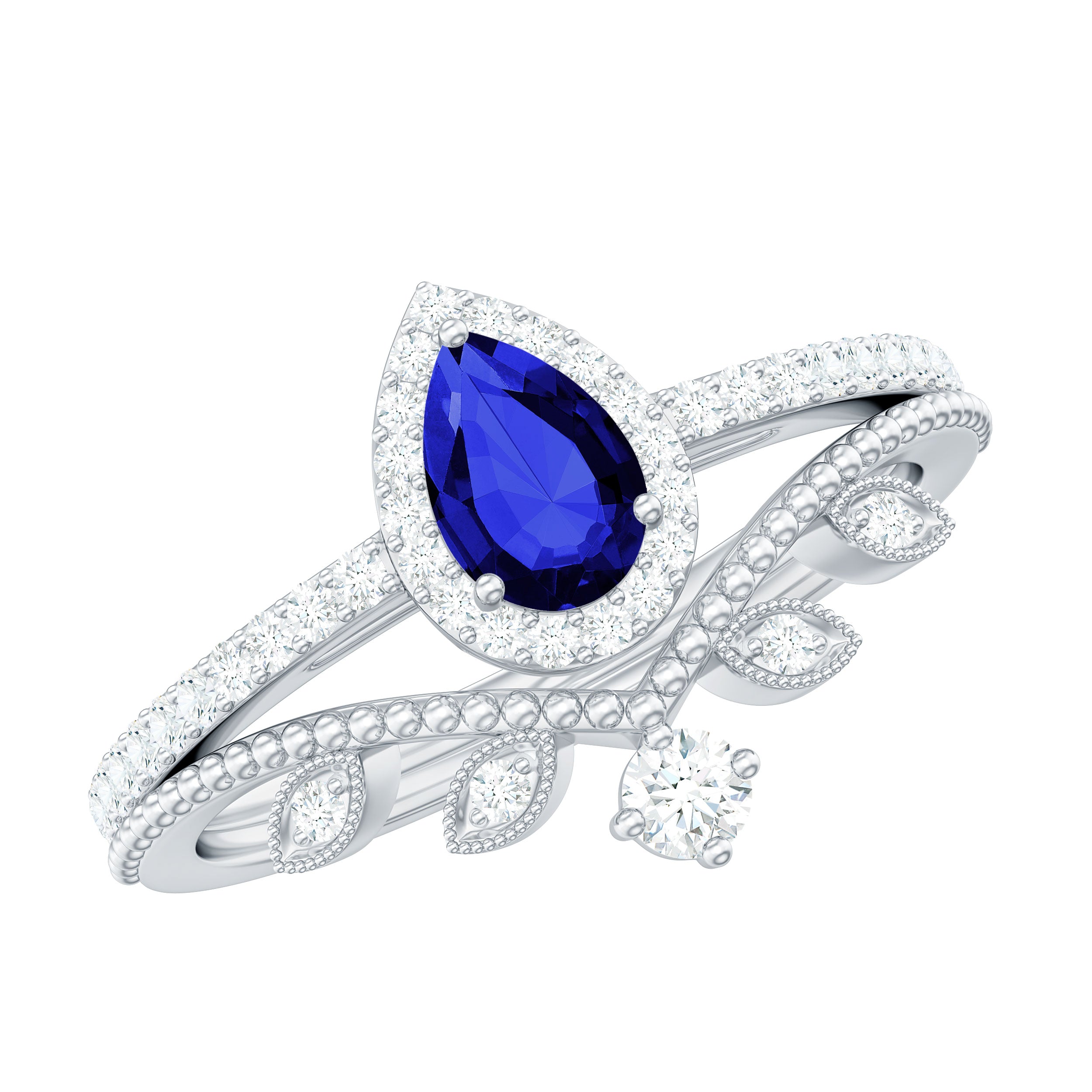 Rosec Jewels-Lab Grown Blue Sapphire Pear Shaped Engagement Ring Set with Diamond