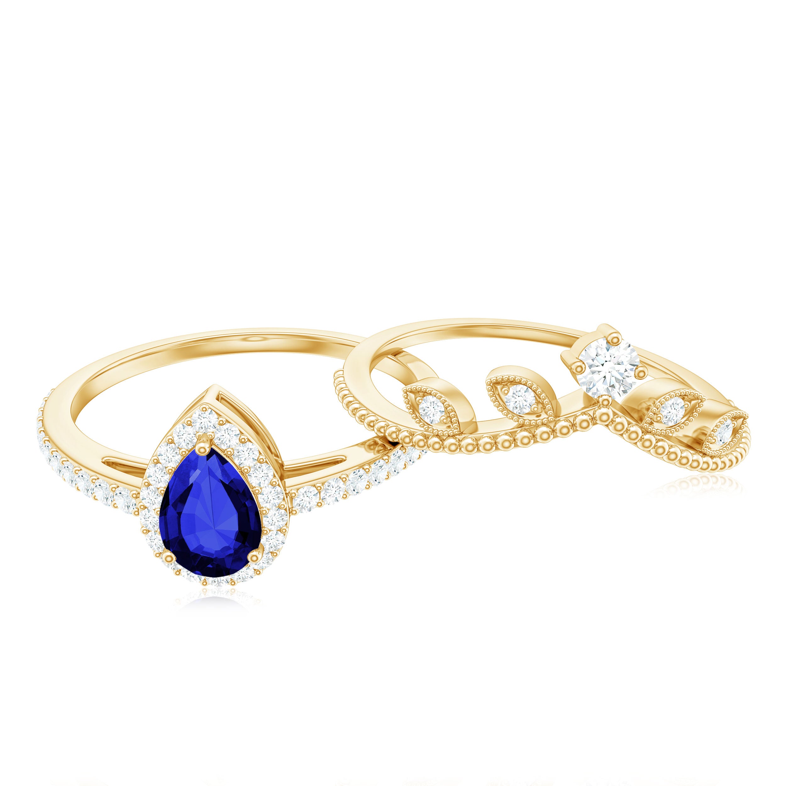 Rosec Jewels-Lab Grown Blue Sapphire Pear Shaped Engagement Ring Set with Diamond