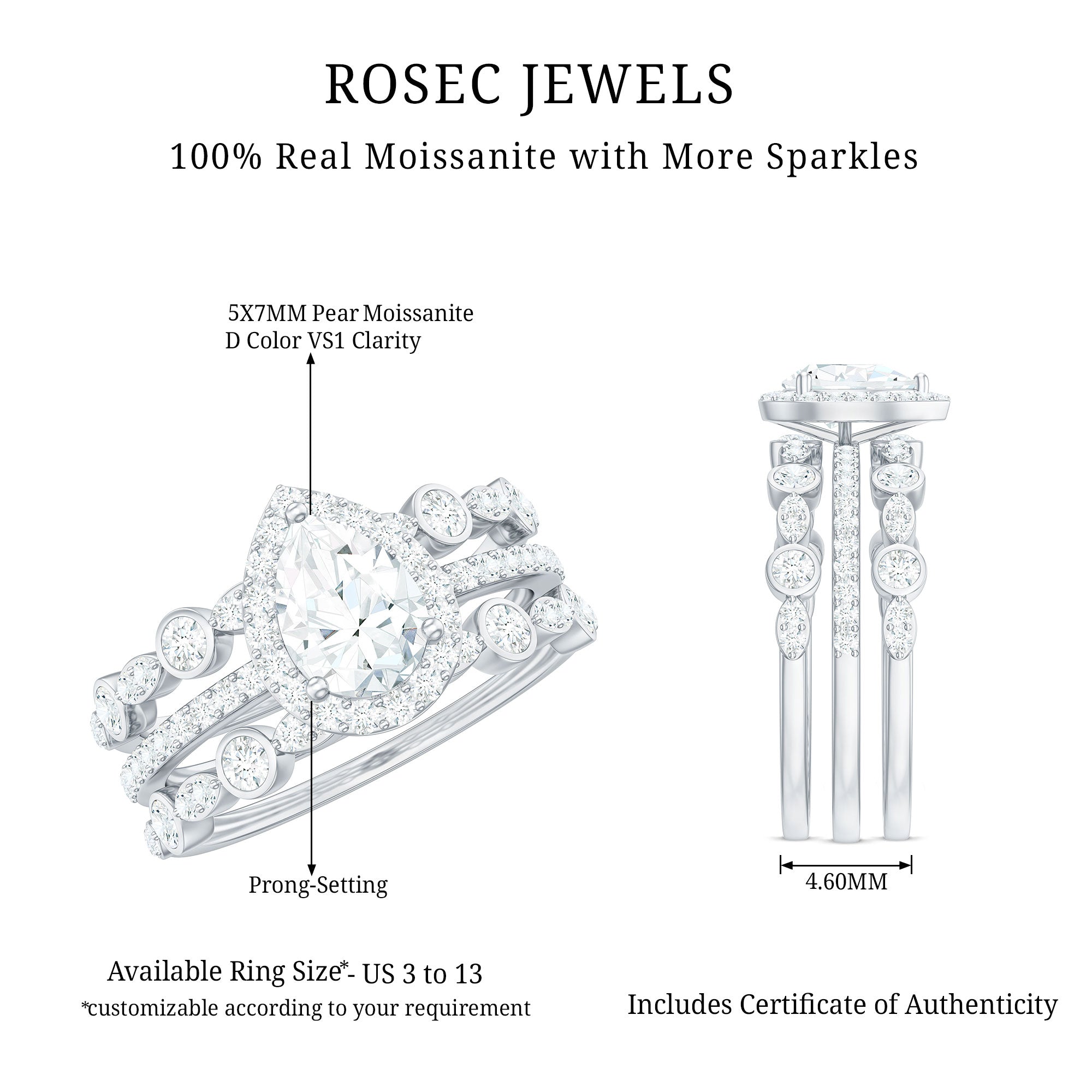 Rosec Jewels-Pear Shaped Moissanite Engagement Ring with 2 Enhancers