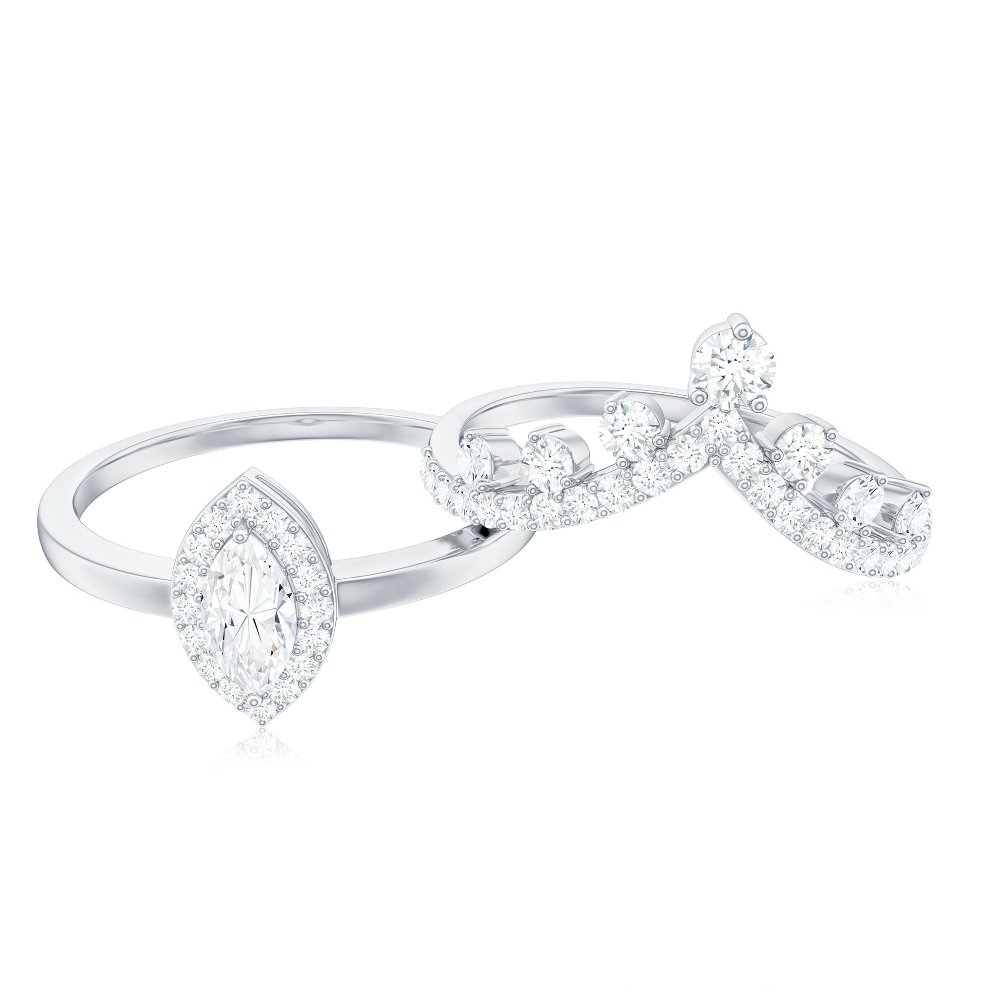 Rosec Jewels-Marquise Cut Moissanite Halo Wedding Ring Set For Women