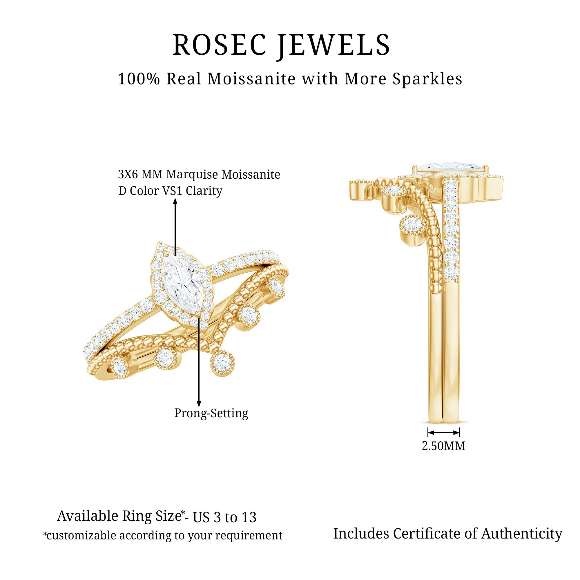 Rosec Jewels-Marquise Cut Moissanite Vintage Wedding Ring Set