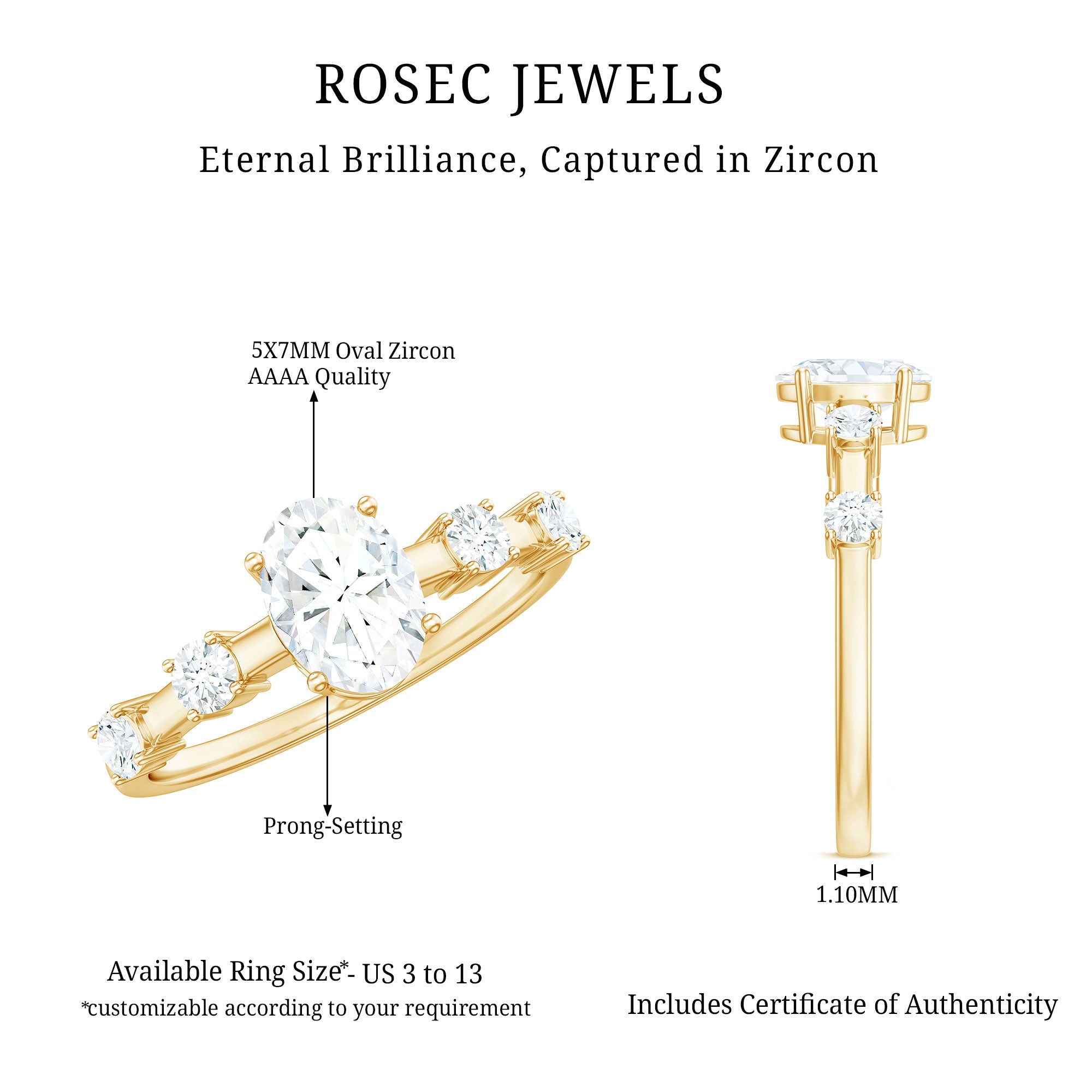 Rosec Jewels-1.75 CT Oval Zircon Solitaire Engagement Ring in Gold