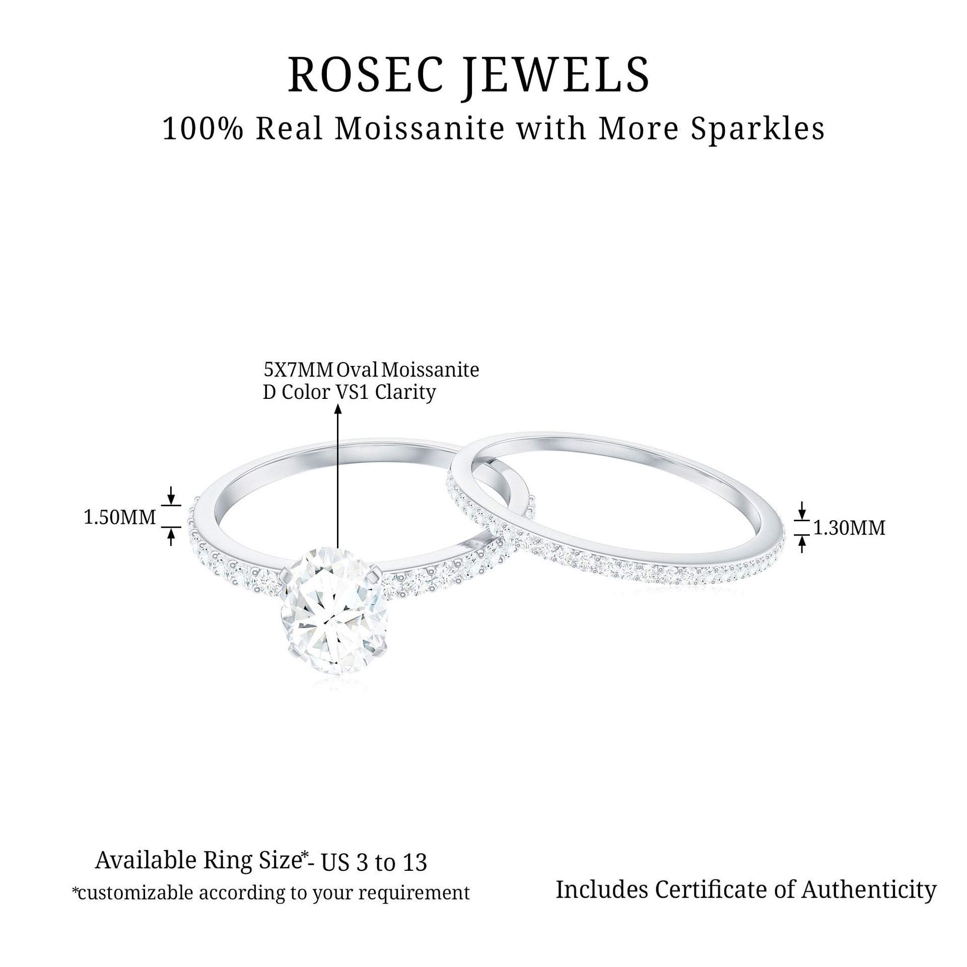 1.50 Carat Moissanite Oval Engagement Ring Set in Gold Moissanite - ( D-VS1 ) - Color and Clarity - Rosec Jewels