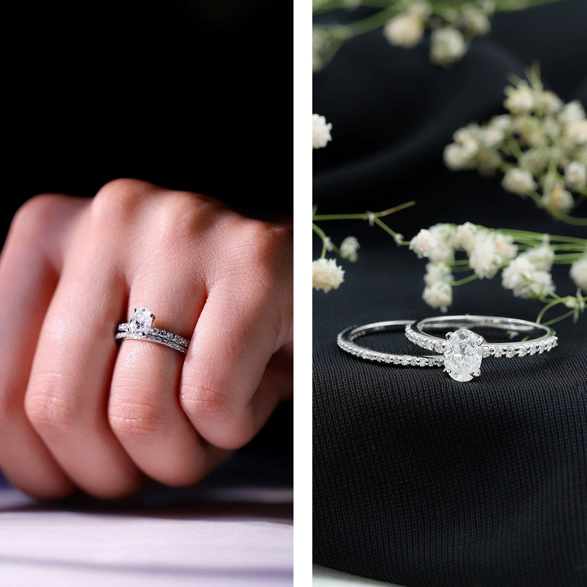 Rosec Jewels-Oval Shaped Moissanite Engagement Ring with Wedding Band Set