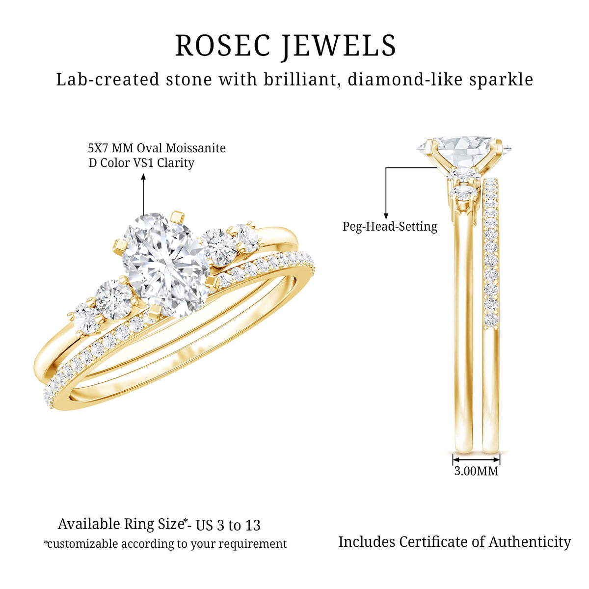 Certified Moissanite Oval Engagement Ring with Wedding Band D-VS1 - Rosec Jewels