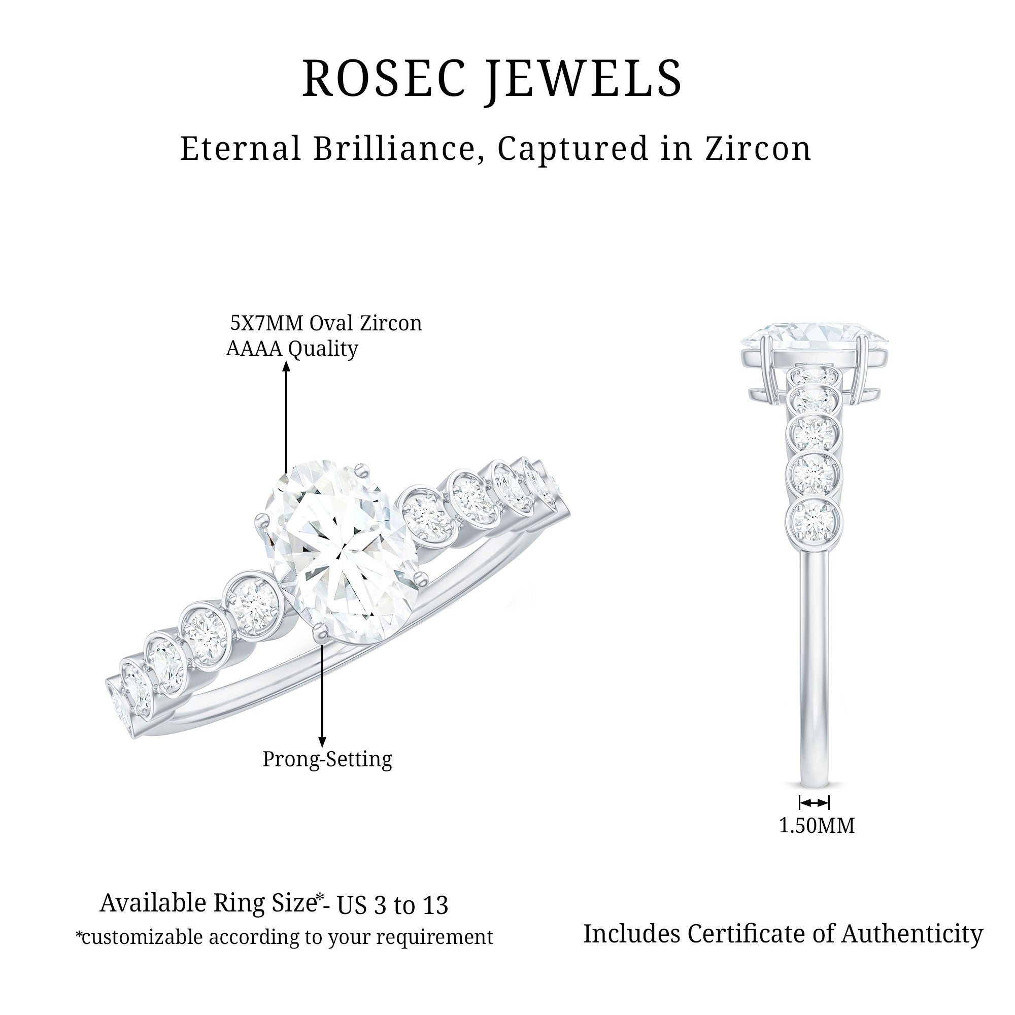 1.75 CT Prong Set Oval Cut Zircon Solitaire Engagement Ring AAAA - Rosec Jewels