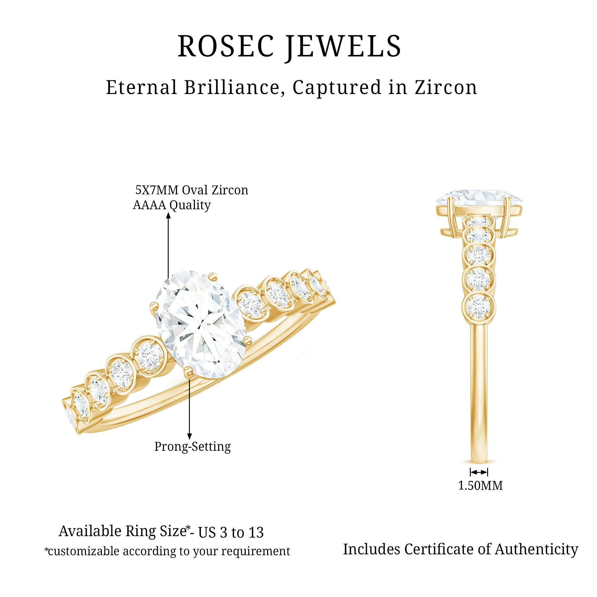 1.75 CT Prong Set Oval Cut Zircon Solitaire Engagement Ring AAAA - Rosec Jewels