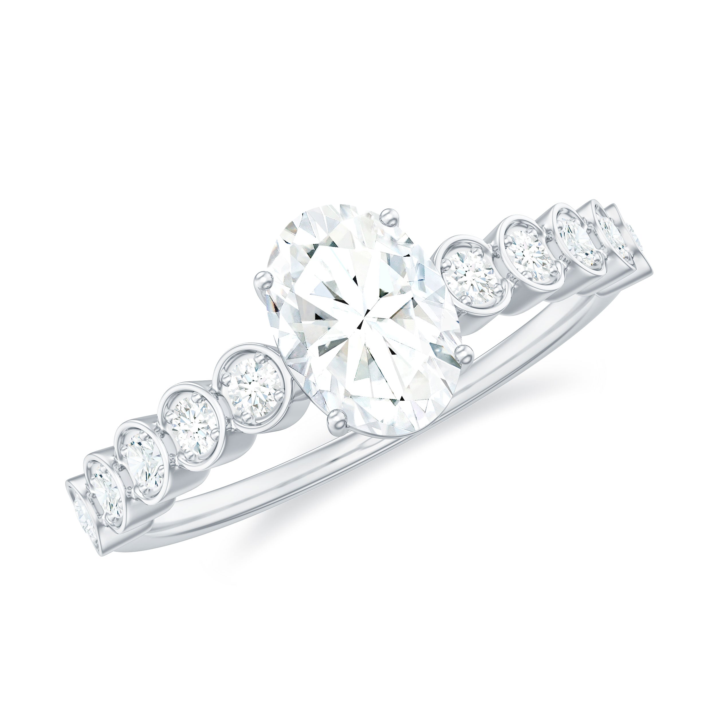Certified Moissanite Oval Cut Engagement Ring with Side Stones D-VS1 - Rosec Jewels