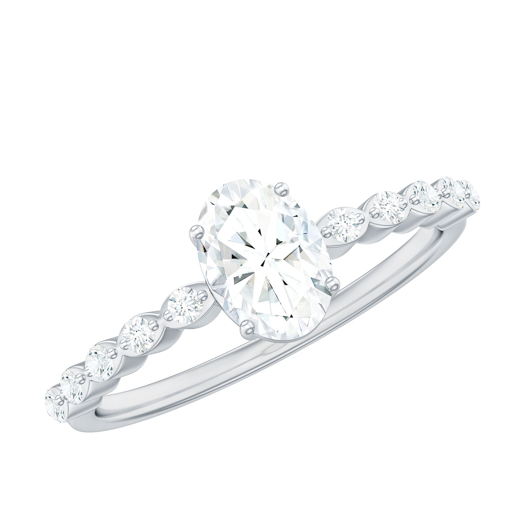 1.75 CT Oval Cut Solitaire Zircon Engagement Ring with Side Stones AAAA - Rosec Jewels