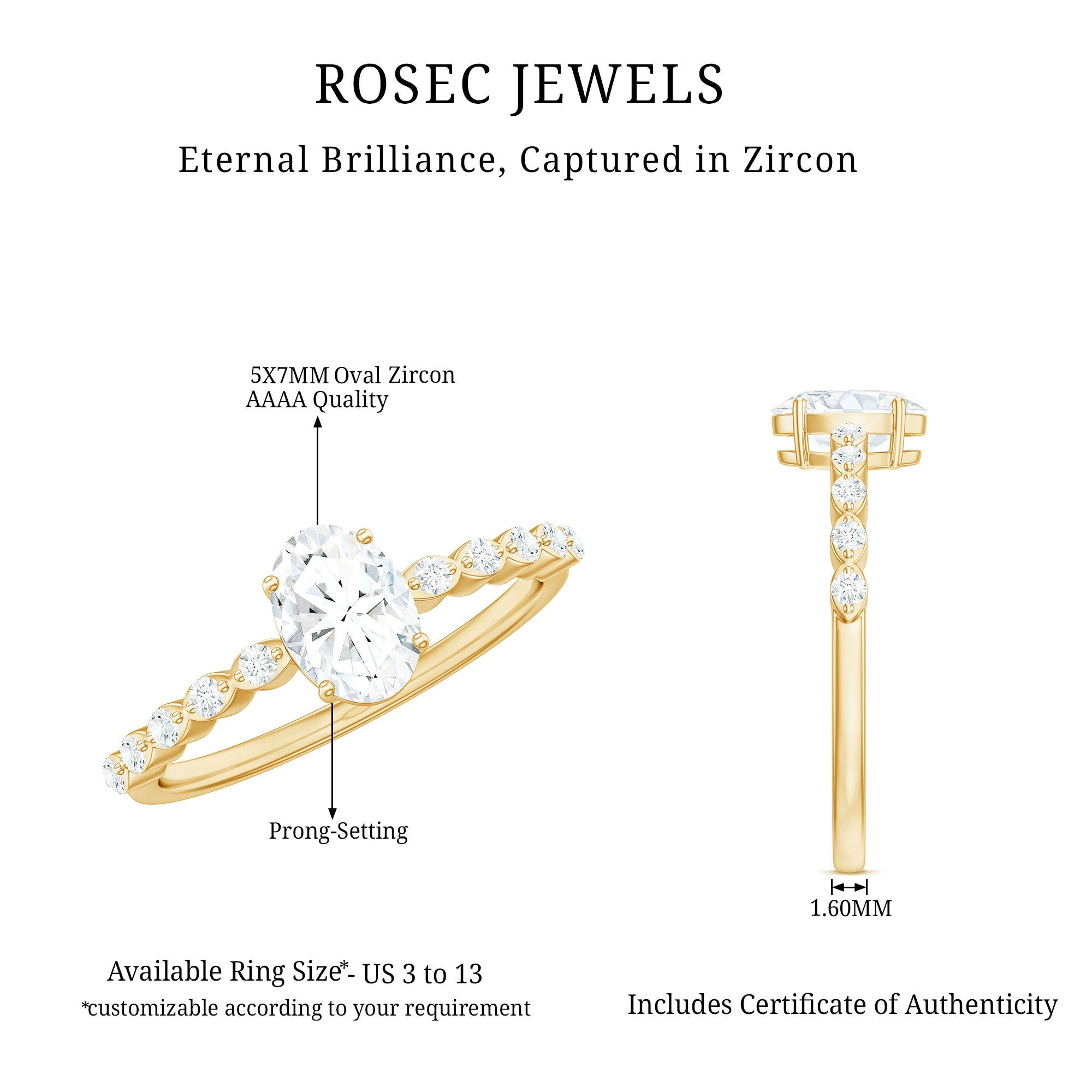 1.75 CT Oval Cut Solitaire Zircon Engagement Ring with Side Stones AAAA - Rosec Jewels