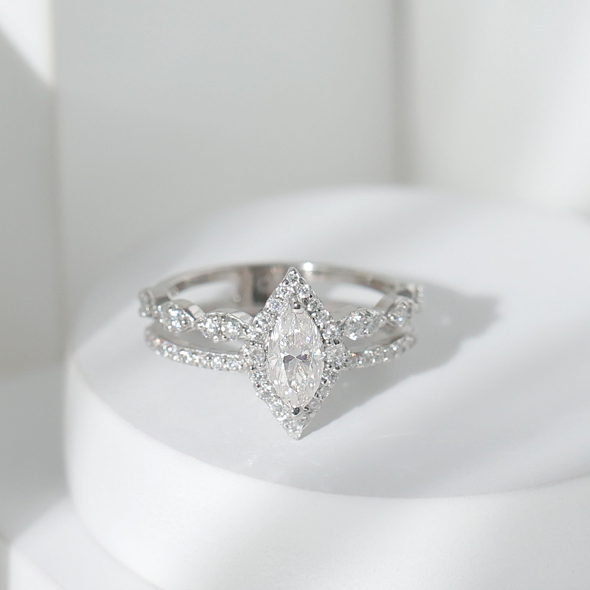 Rosec Jewels-Marquise Cut Moissanite Double Band Engagement Ring with Certificate