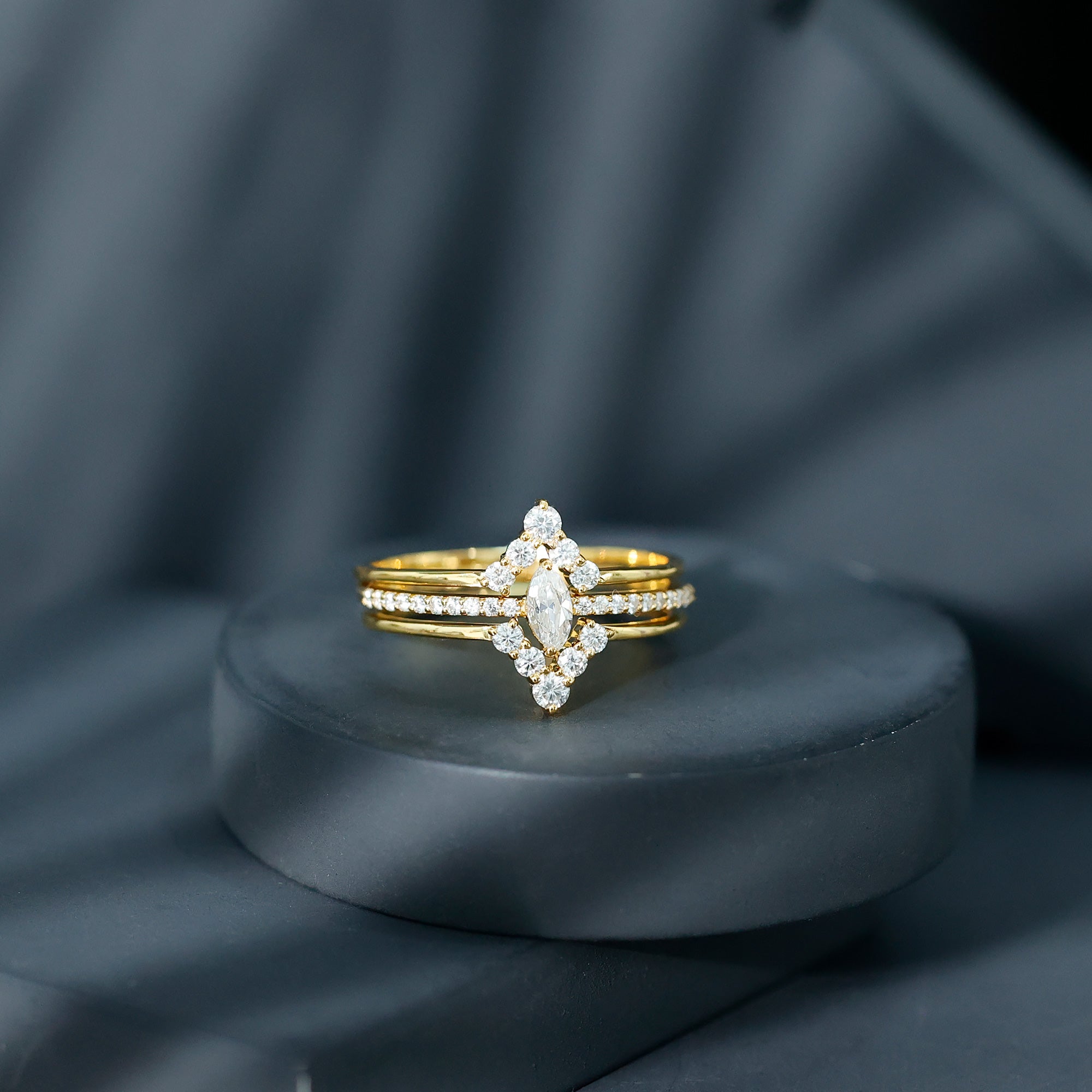 Rosec Jewels-Marquise Cut Moissanite Solitaire Trio Ring Set