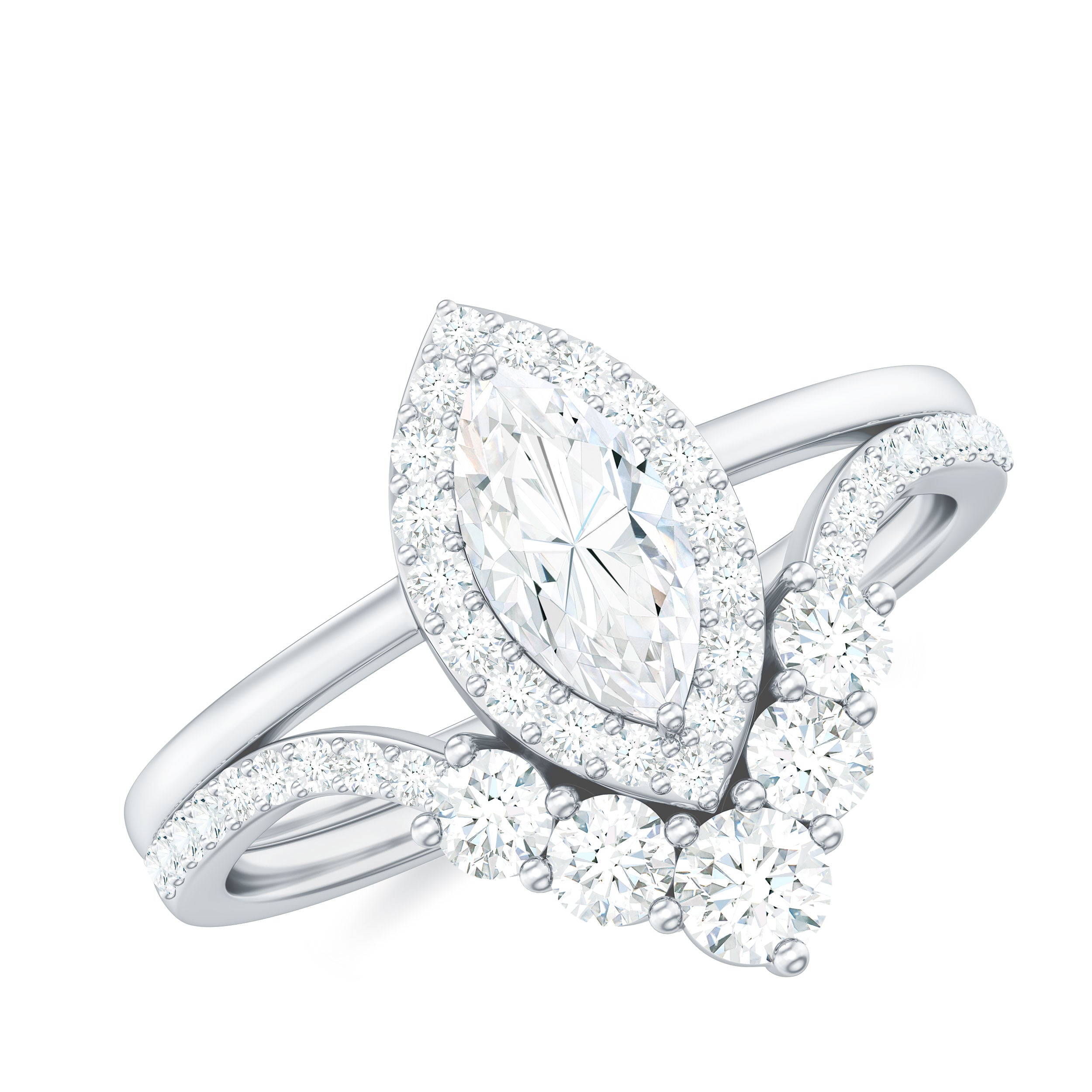 Rosec Jewels-Marquise Cut Moissanite Halo Engagement Ring with Chevron Wedding Band