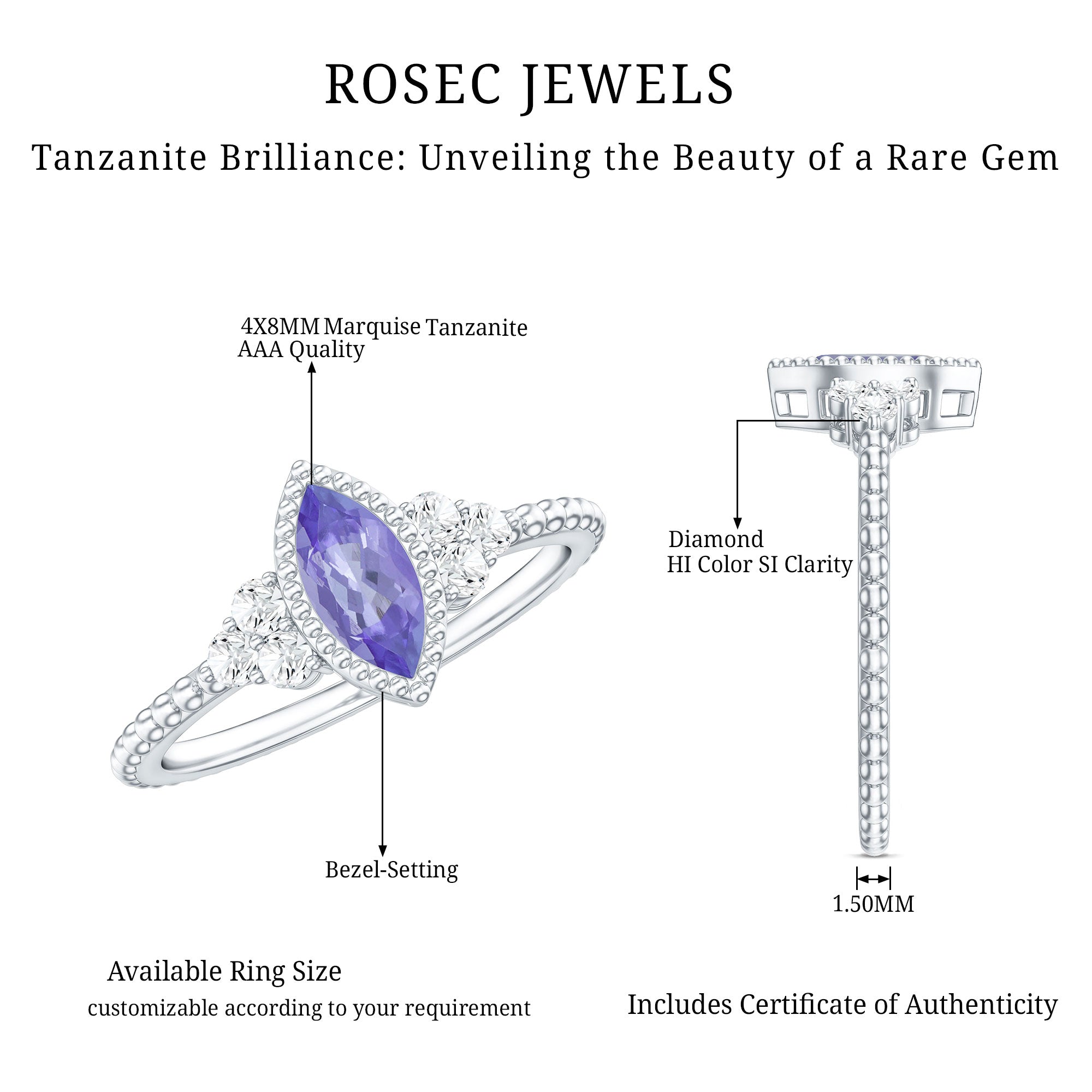 Rosec Jewels-Vintage Style Marquise Tanzanite Promise Ring with Diamond Trio