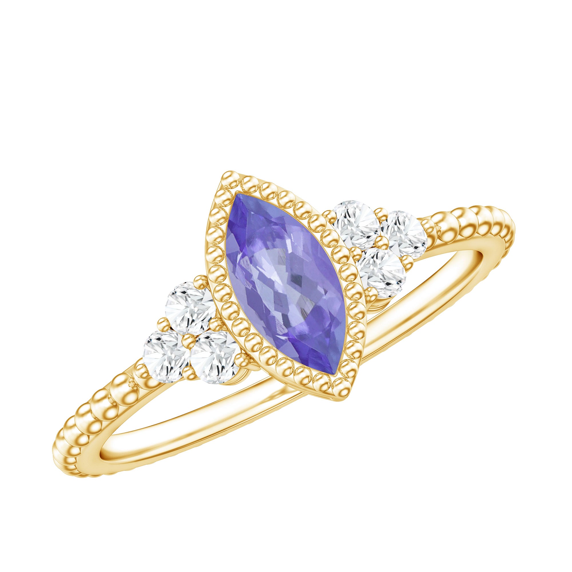 Rosec Jewels-Vintage Style Marquise Tanzanite Promise Ring with Diamond Trio