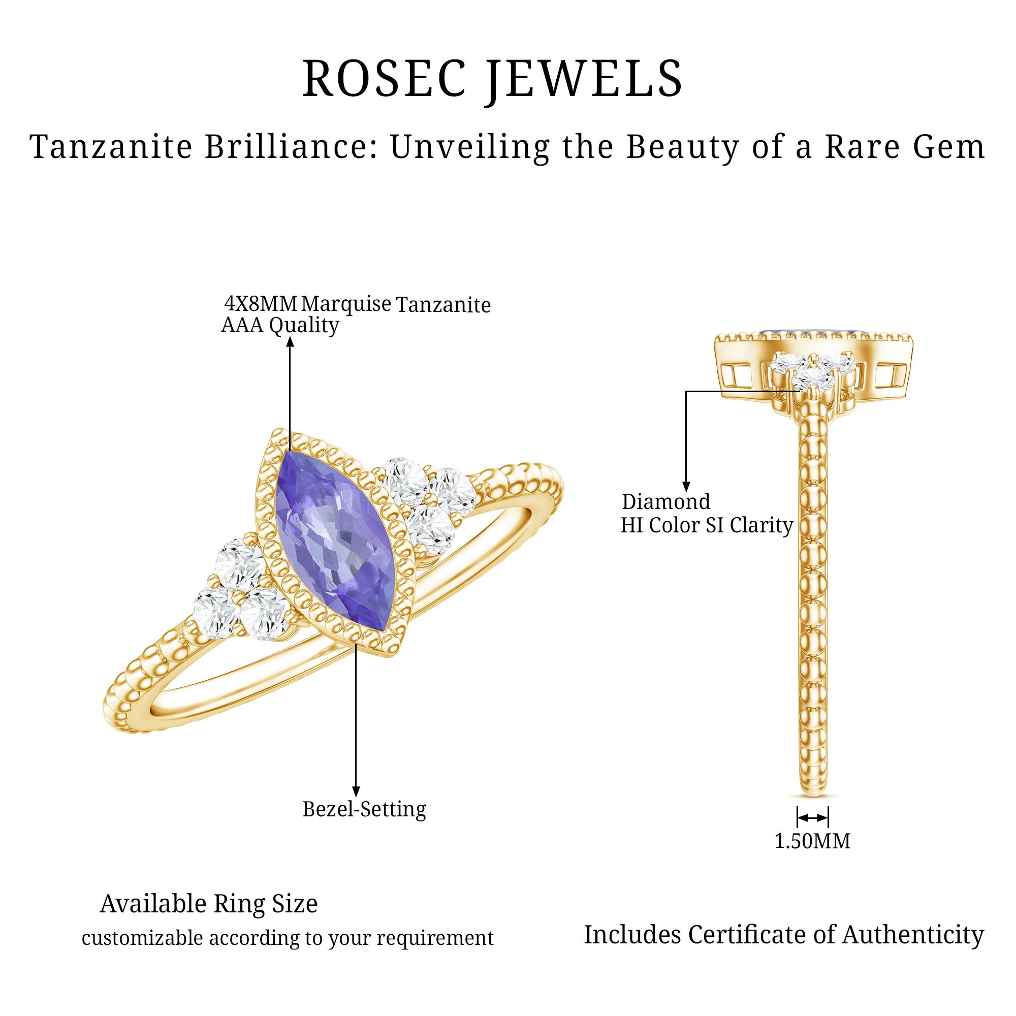 Rosec Jewels-Vintage Style Marquise Tanzanite Promise Ring with Diamond Trio