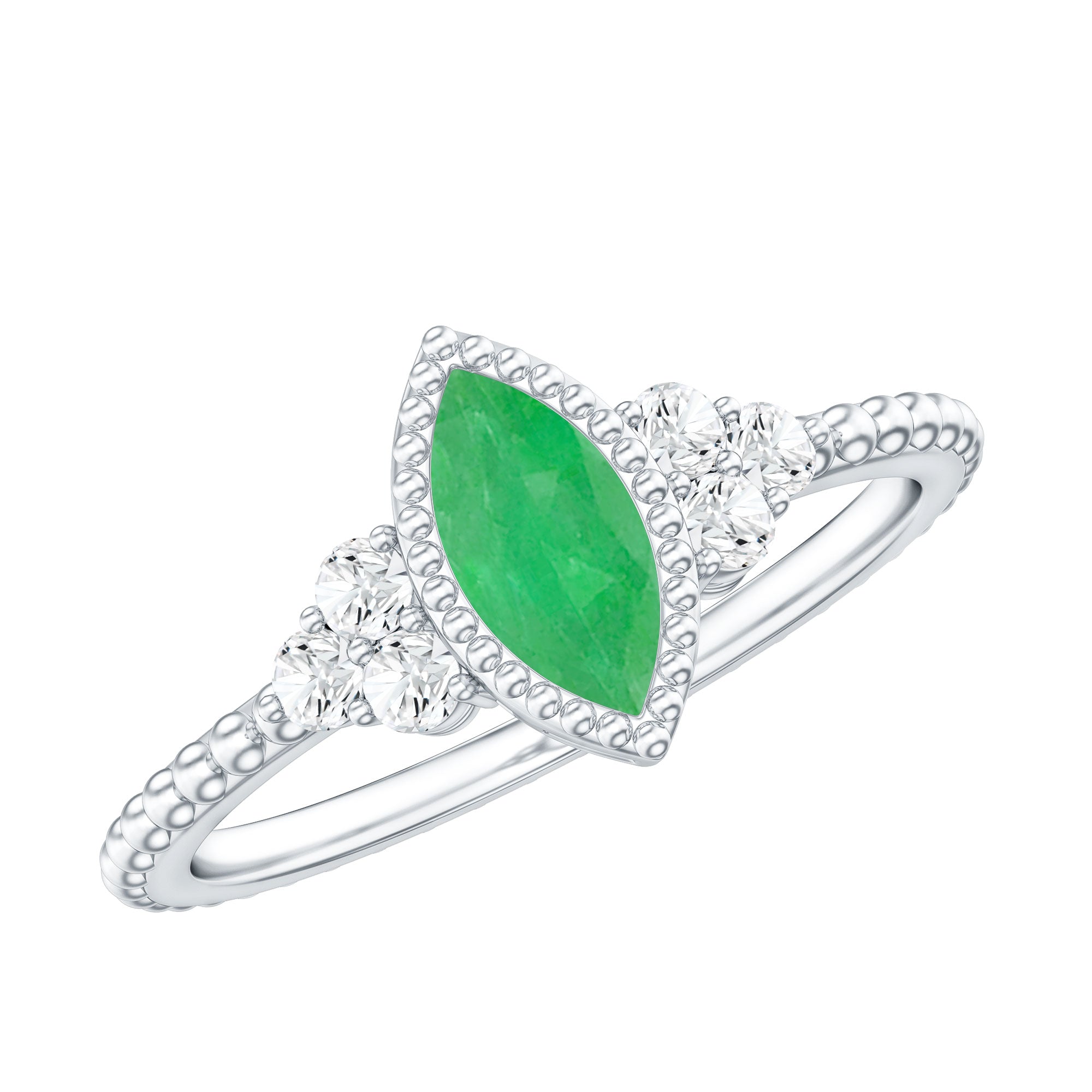 Rosec Jewels-Vintage Inspired Emerald Promise Engagement Ring with Trio Diamond