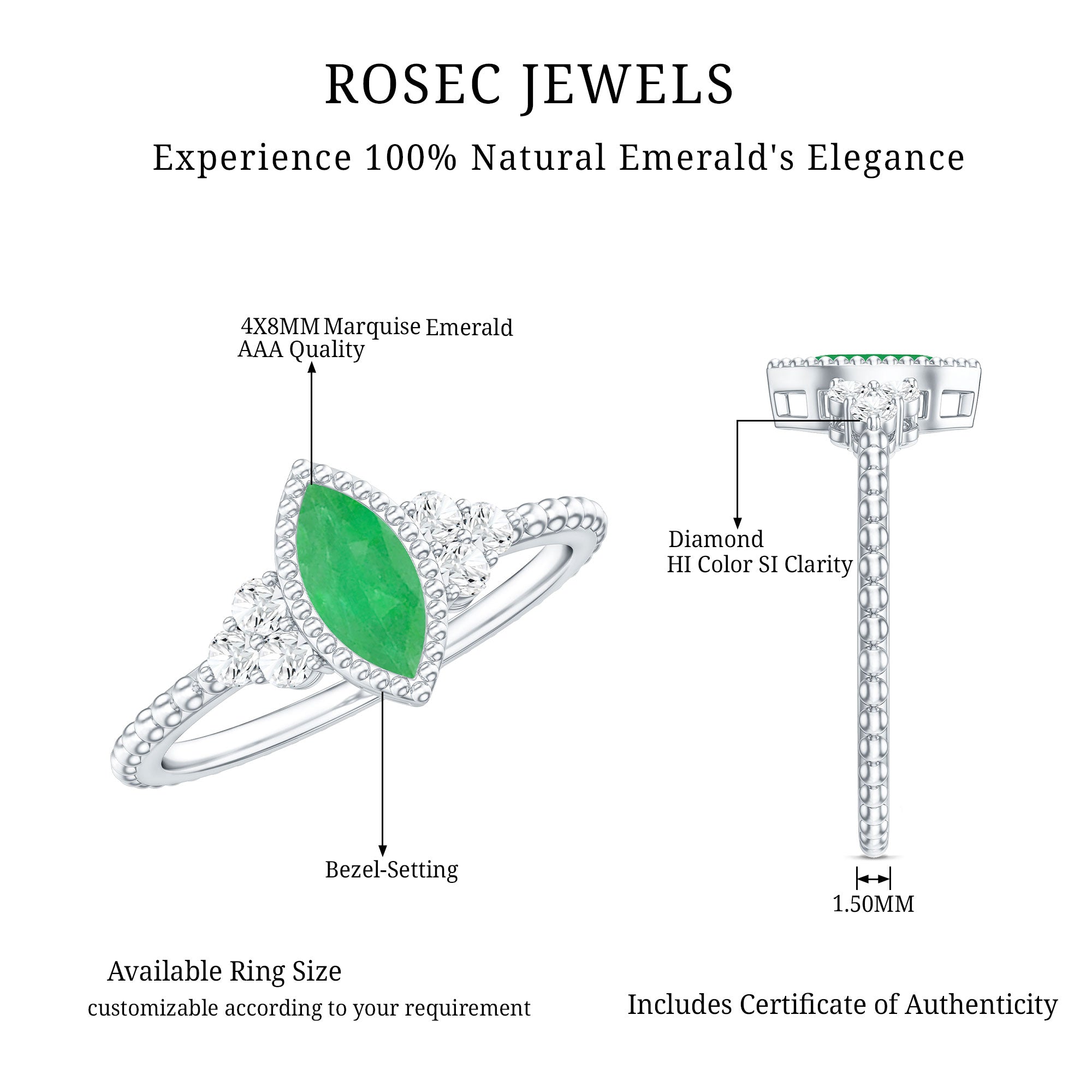 Rosec Jewels-Vintage Inspired Emerald Promise Engagement Ring with Trio Diamond