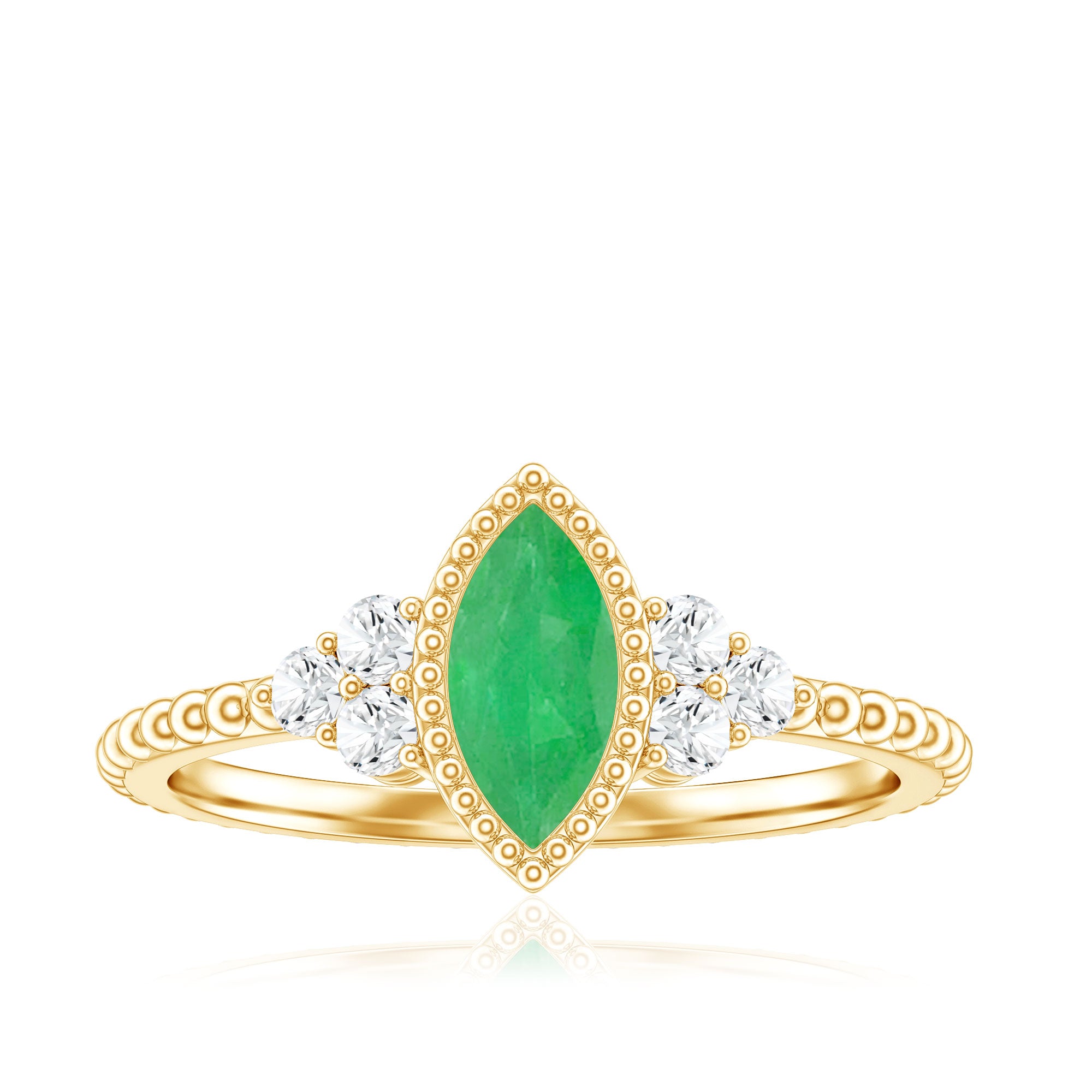 Rosec Jewels-Vintage Inspired Emerald Promise Engagement Ring with Trio Diamond