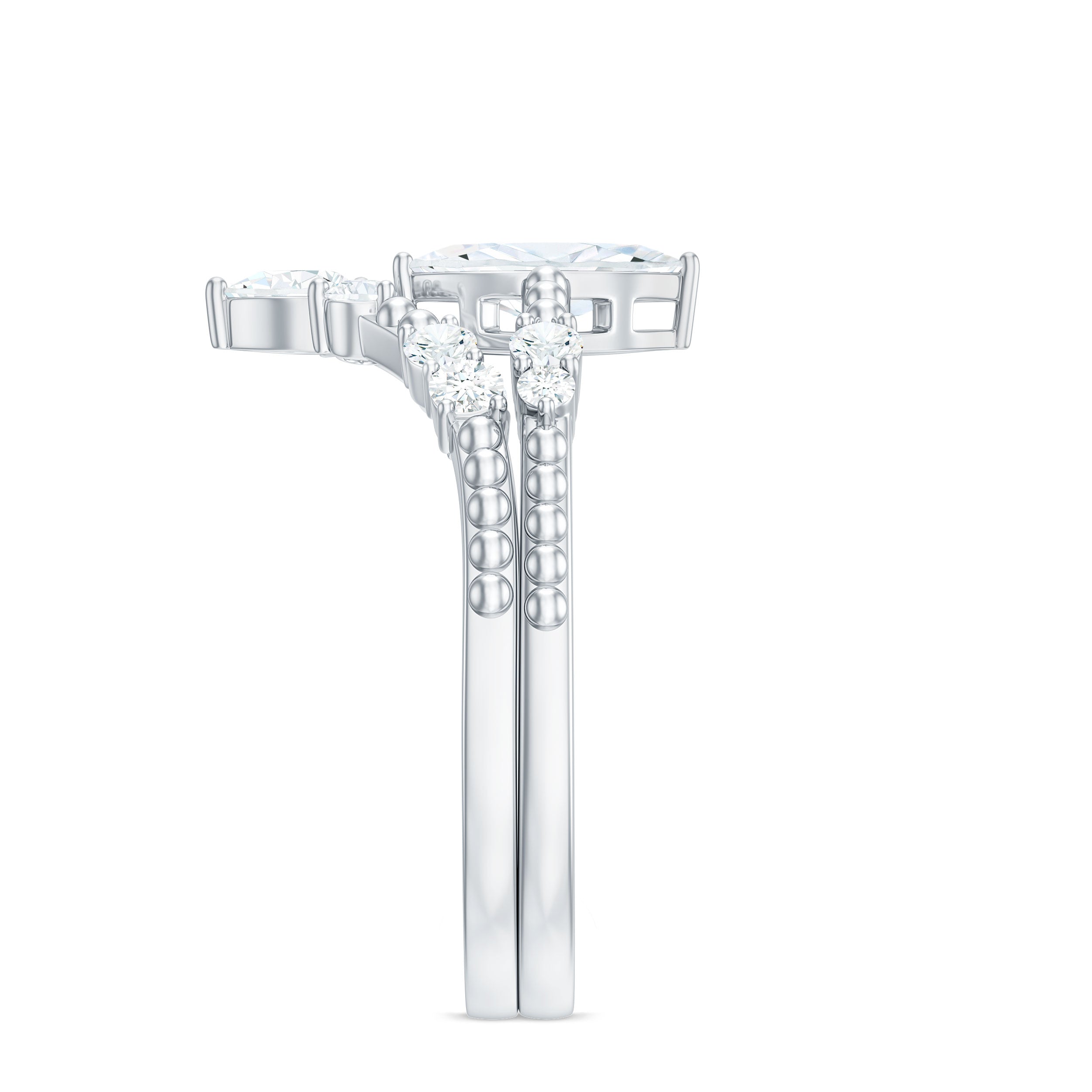 Rosec Jewels-Marquise Cut Moissanite Wedding Ring Set with Beaded Detail