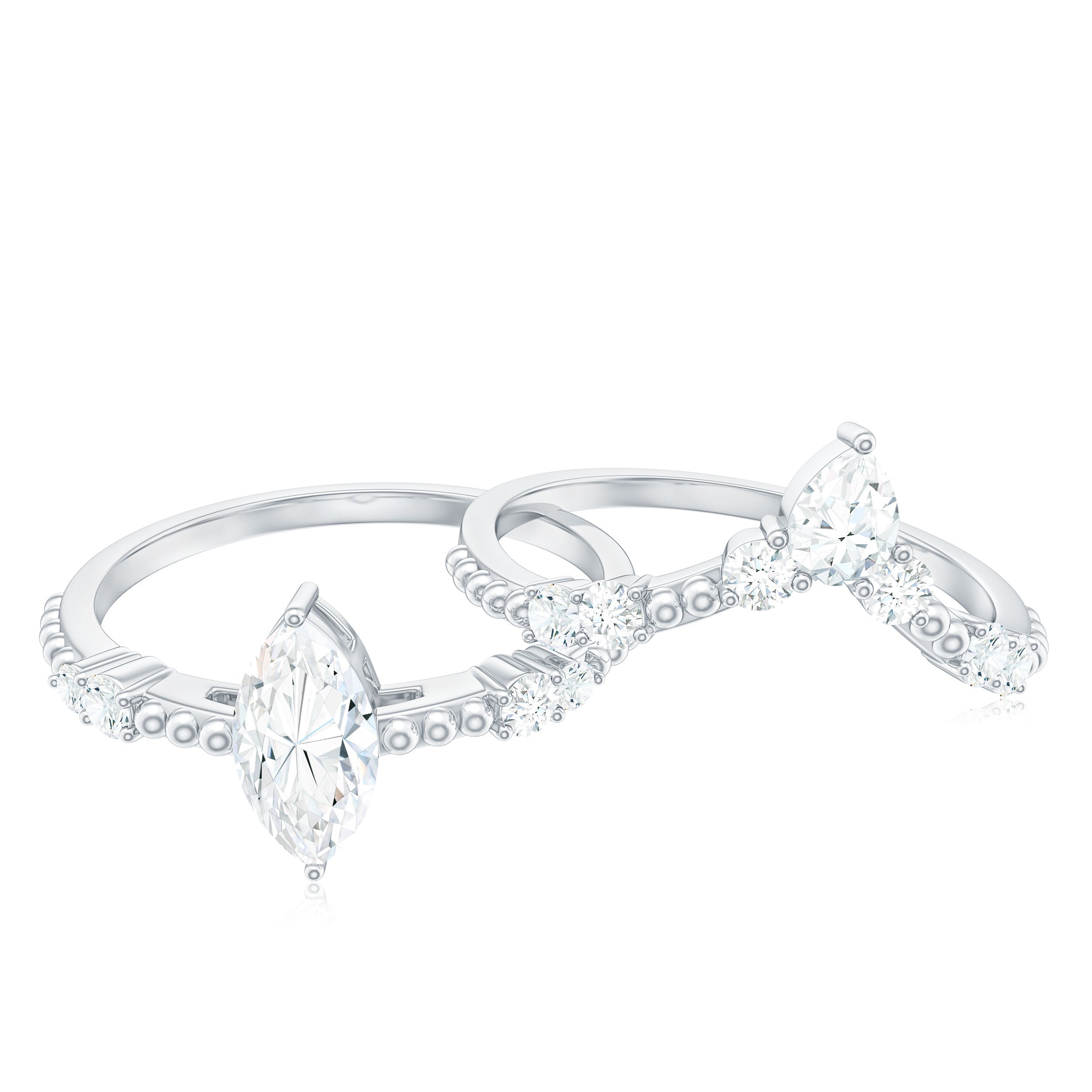 Rosec Jewels-Marquise Cut Moissanite Wedding Ring Set with Beaded Detail