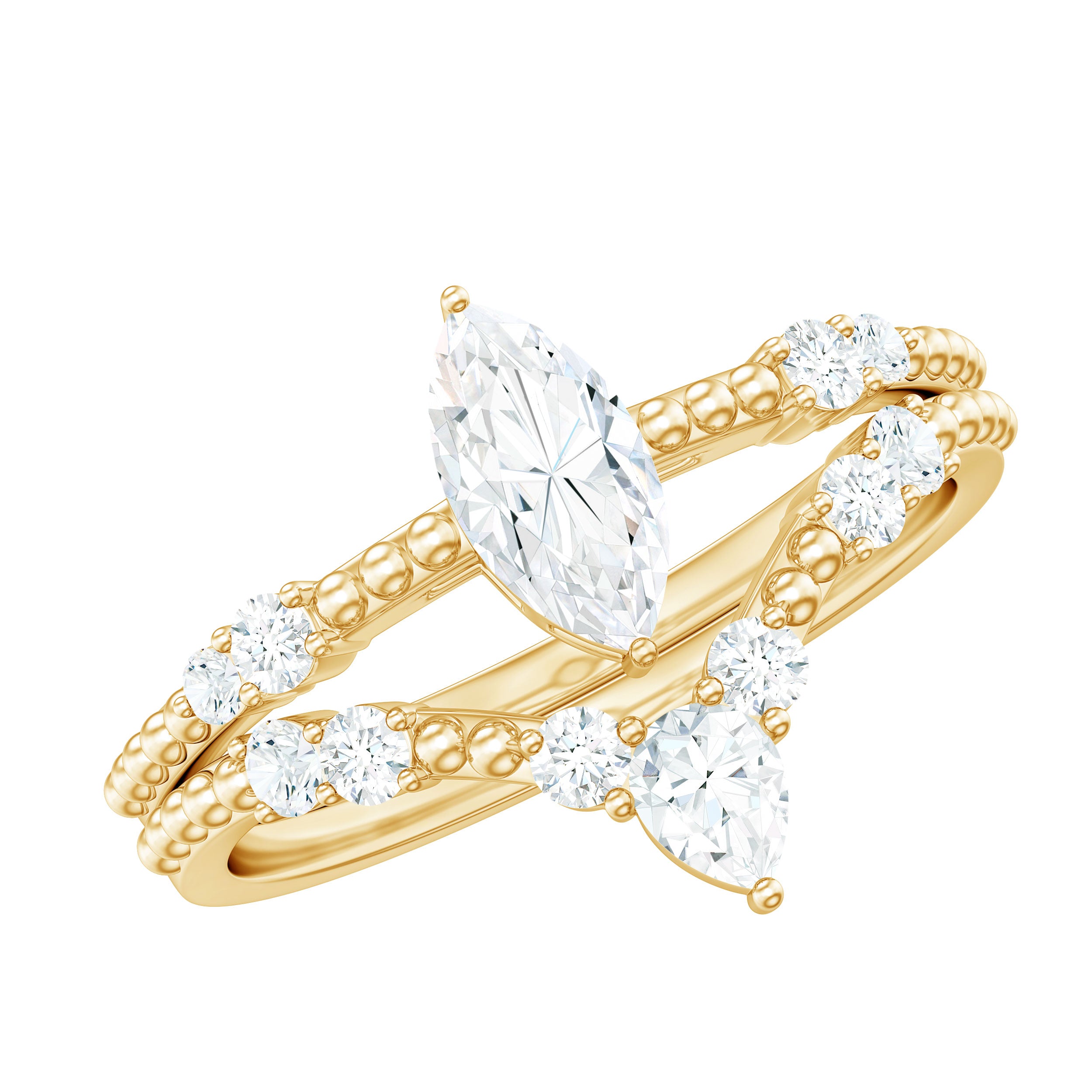 Rosec Jewels-Marquise Cut Moissanite Wedding Ring Set with Beaded Detail