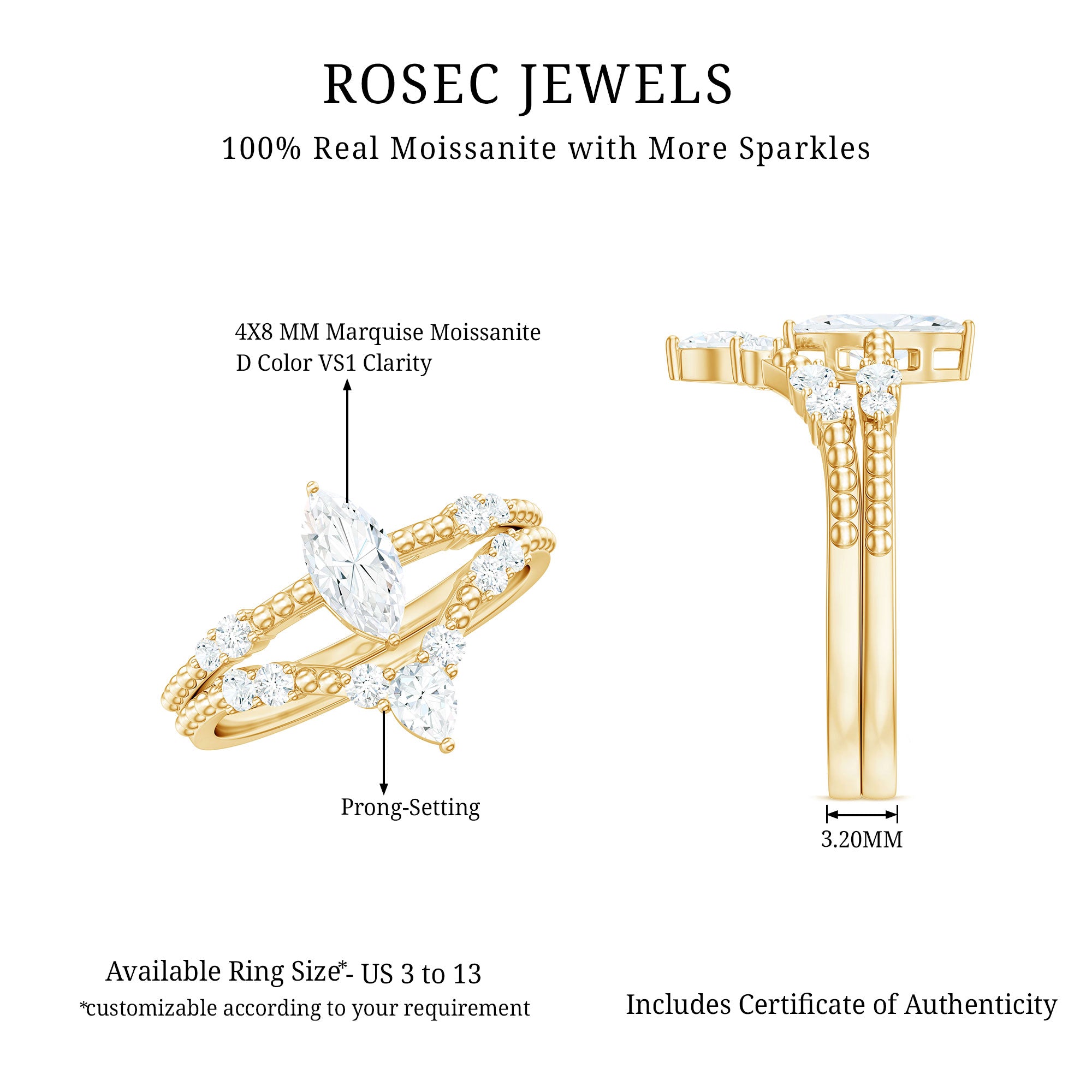 Rosec Jewels-Marquise Cut Moissanite Wedding Ring Set with Beaded Detail