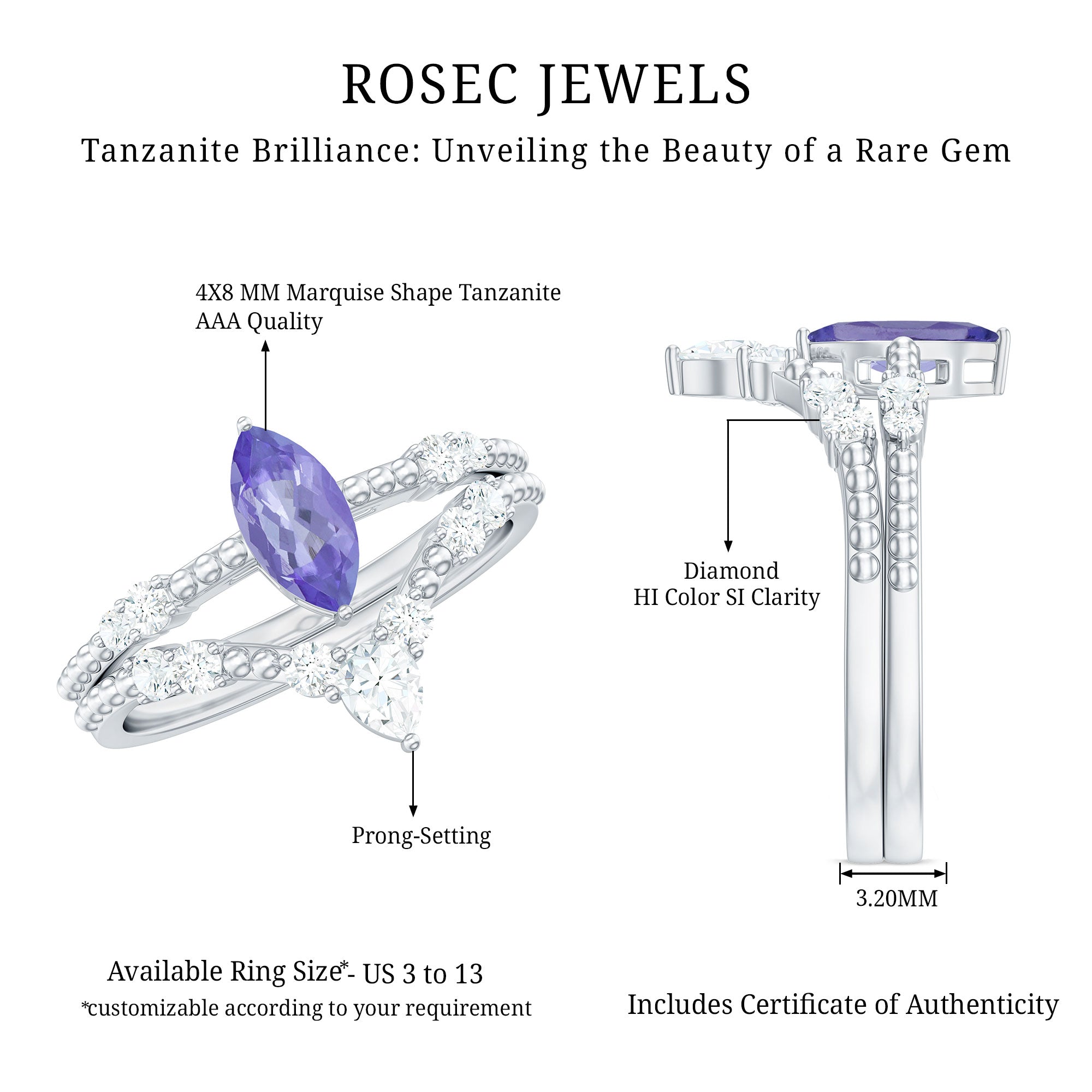 Rosec Jewels-Natural Marquise Tanzanite Diamond Engagement Ring Set