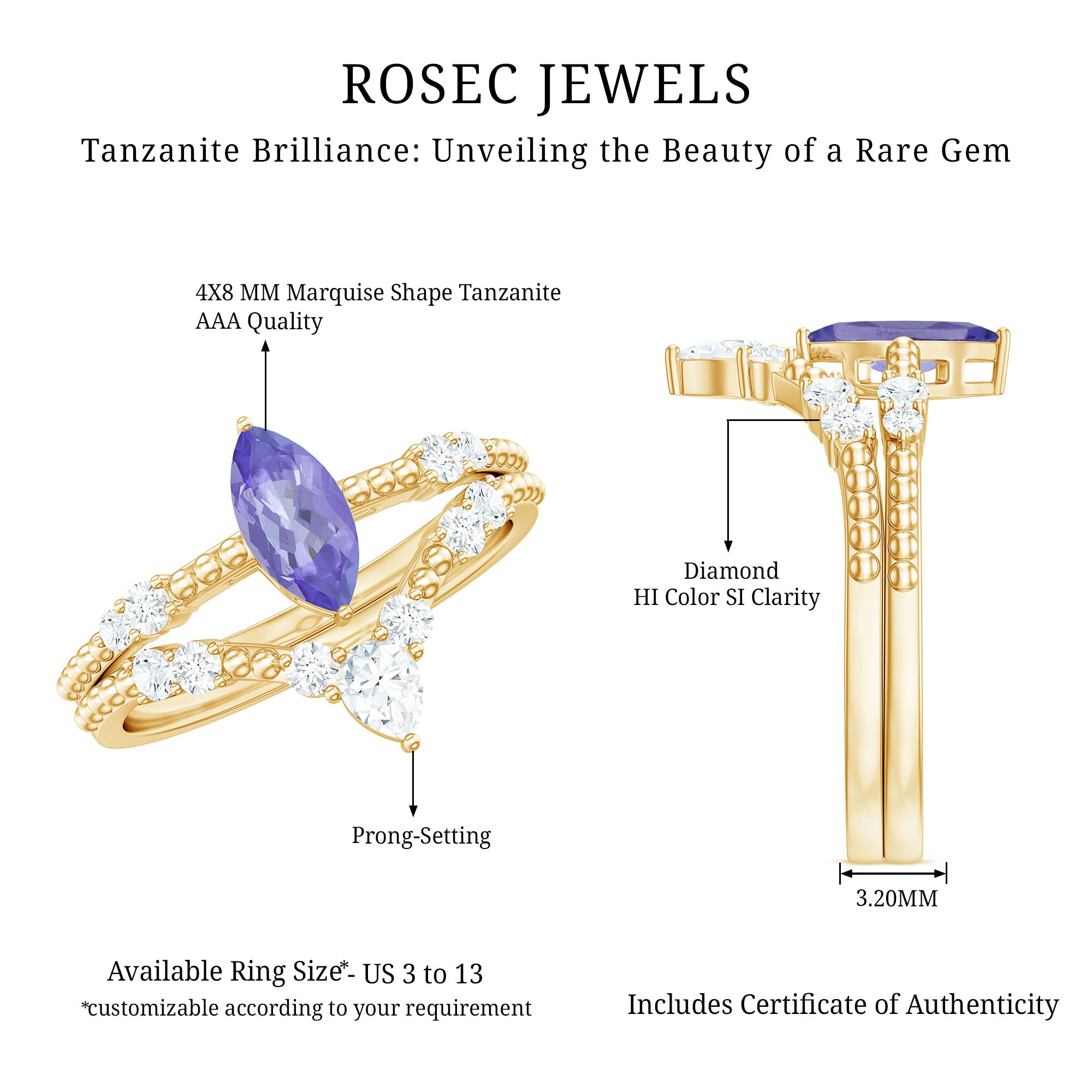 Rosec Jewels-Natural Marquise Tanzanite Diamond Engagement Ring Set