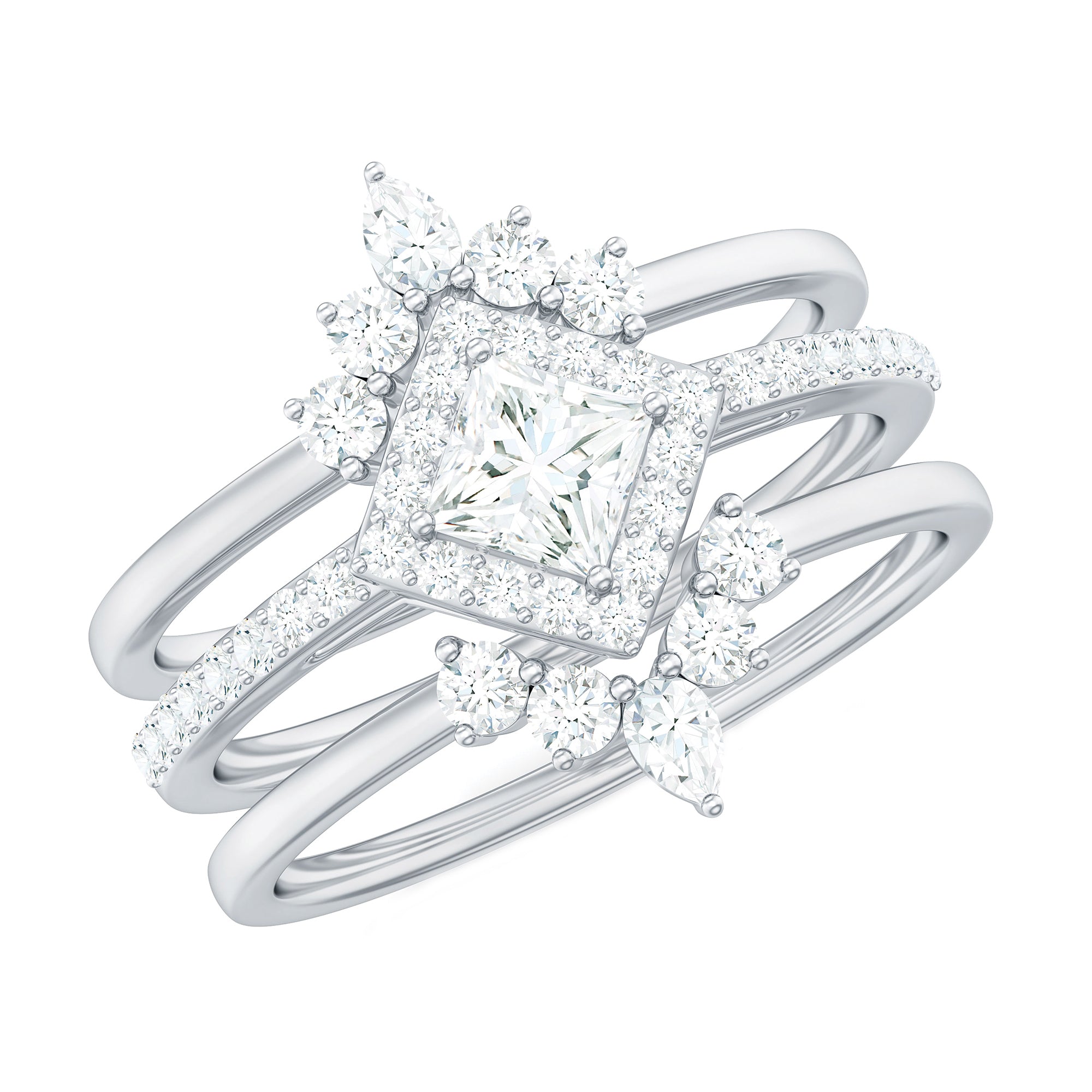 Princess Cut Moissanite Trio Bridal Ring Set with Certificate D-VS1 - Rosec Jewels