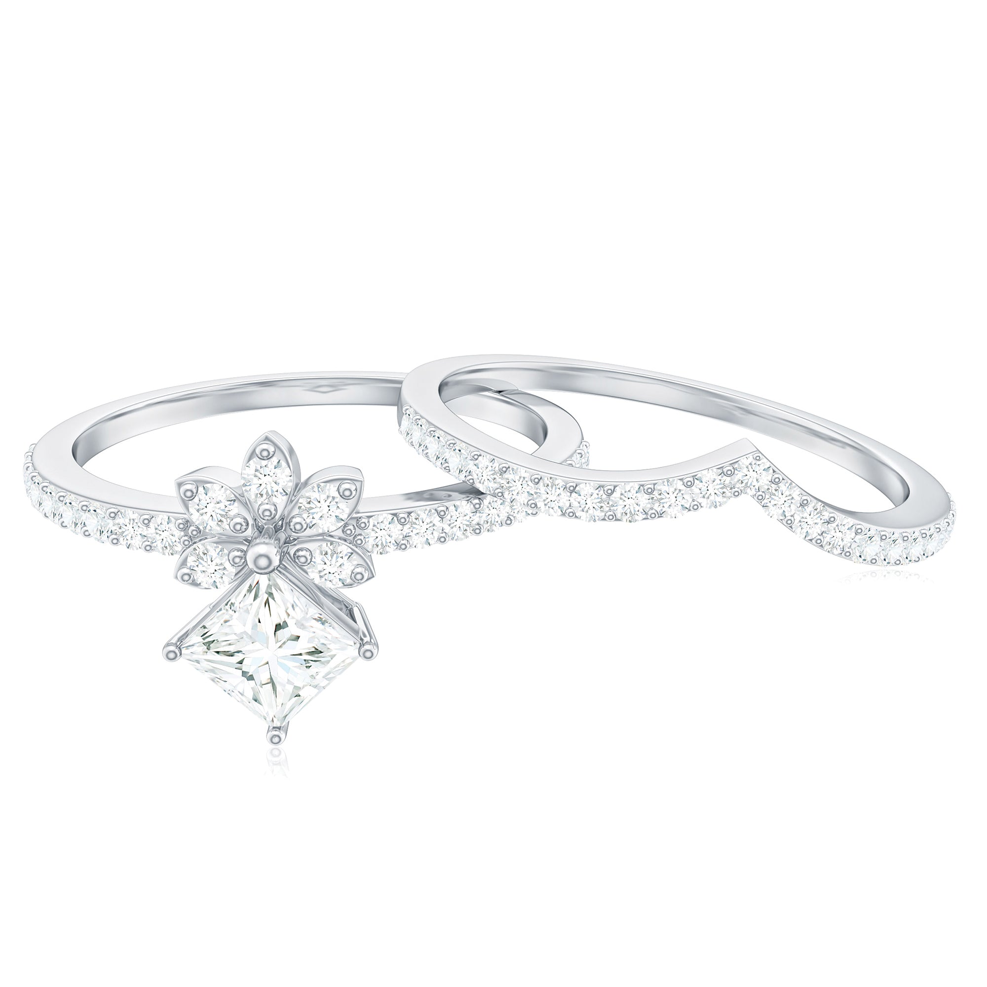 Rosec Jewels-Princess Cut Certified Moissanite Flower Wedding Ring Set