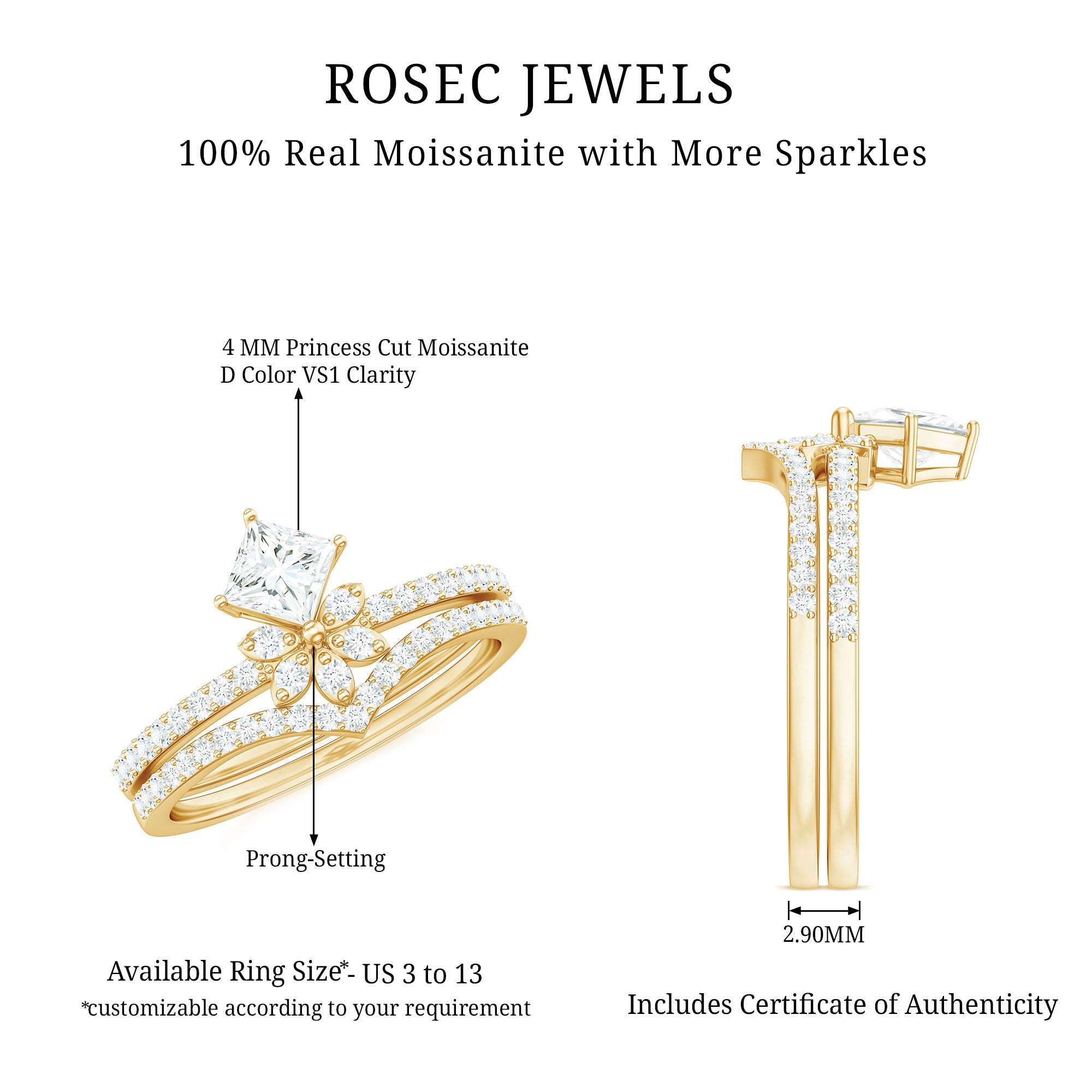 Rosec Jewels-Princess Cut Certified Moissanite Flower Wedding Ring Set