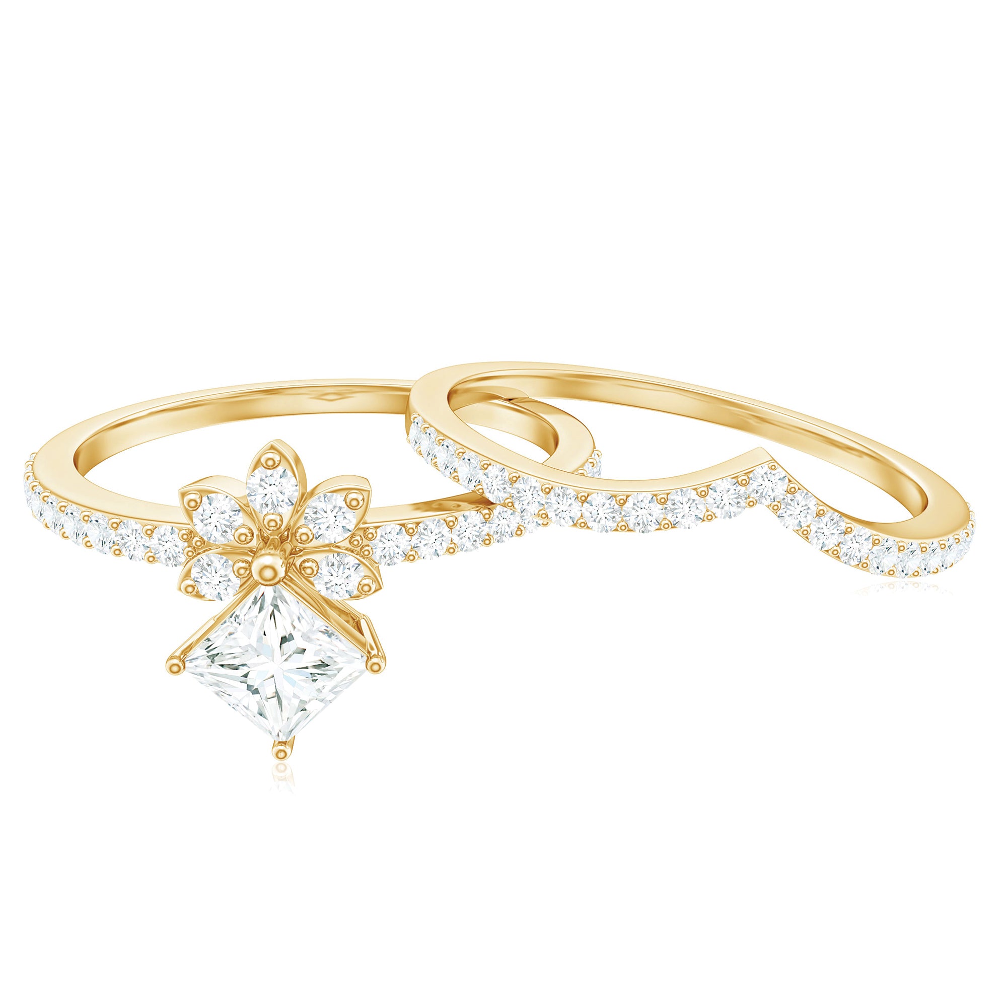 Rosec Jewels-Princess Cut Certified Moissanite Flower Wedding Ring Set