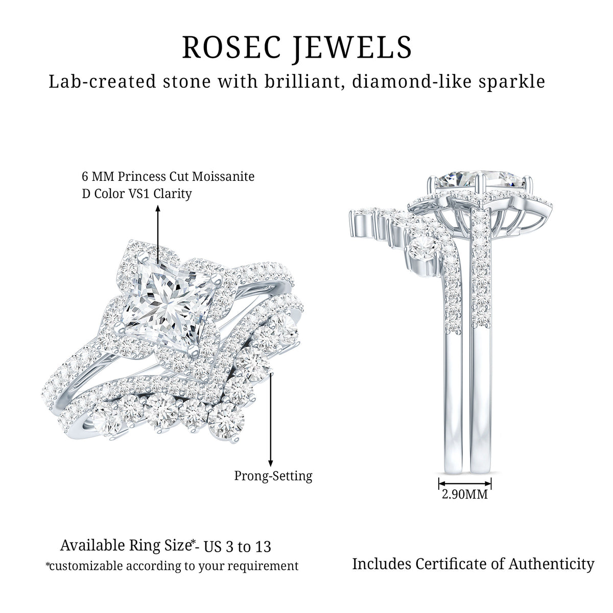 Certified Moissanite Statement Wedding Ring Set D-VS1 - Rosec Jewels