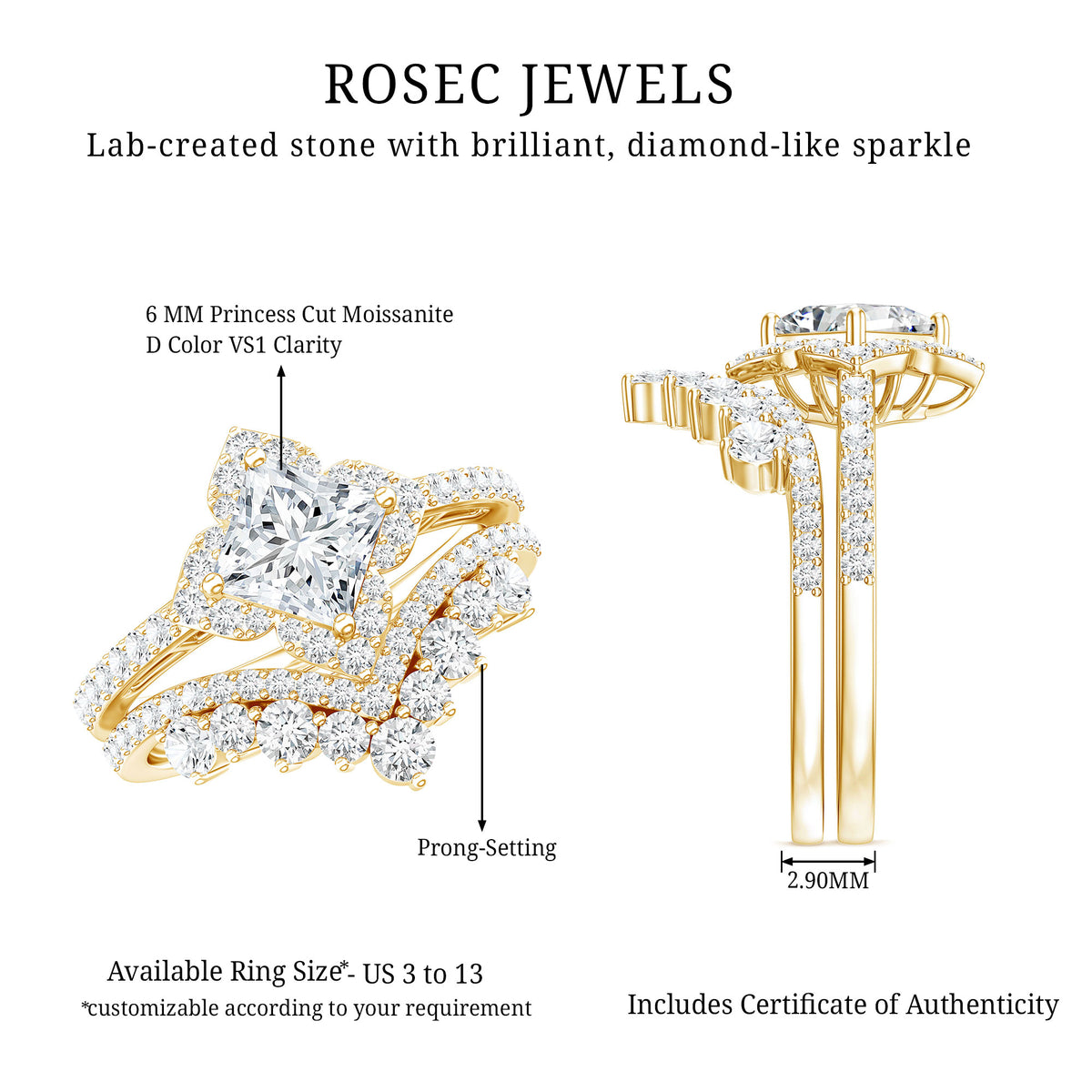 Certified Moissanite Statement Wedding Ring Set D-VS1 - Rosec Jewels