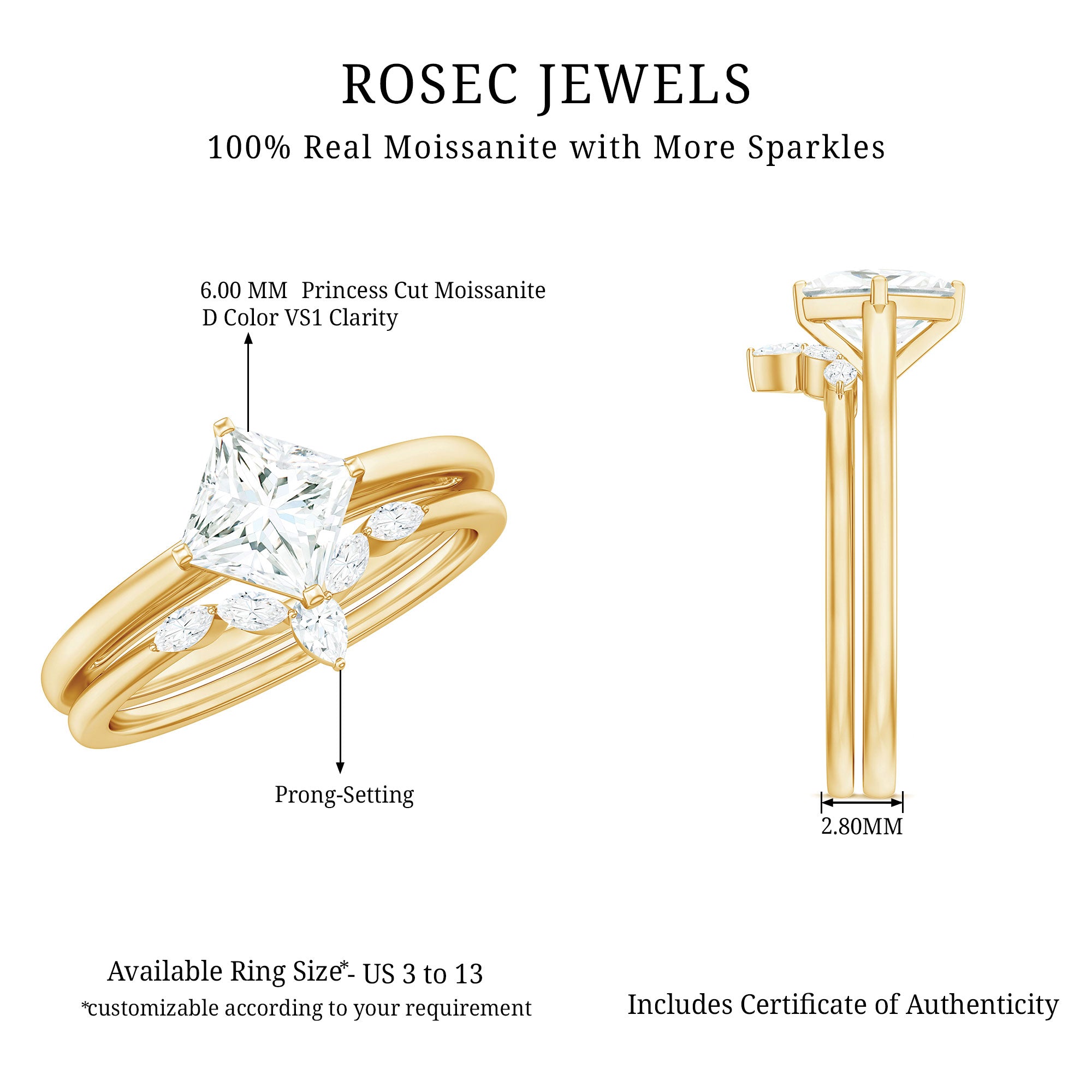 Princess Cut Moissanite Solitaire Wedding Ring Set for Her D-VS1 - Rosec Jewels