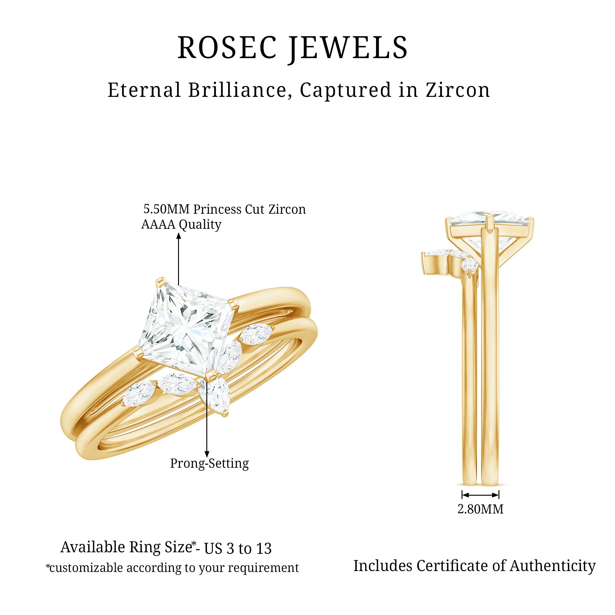 Cubic Zirconia Solitaire Ring Set with V Shape Band AAAA - Rosec Jewels