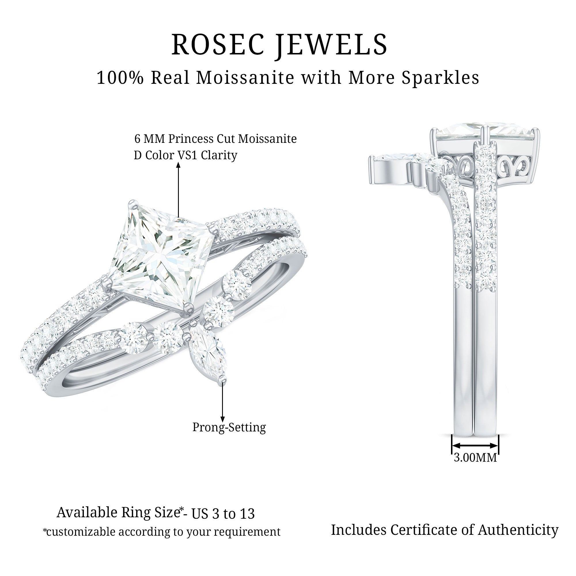 Rosec Jewels-Princess Cut Moissanite Wedding Ring Set for Women