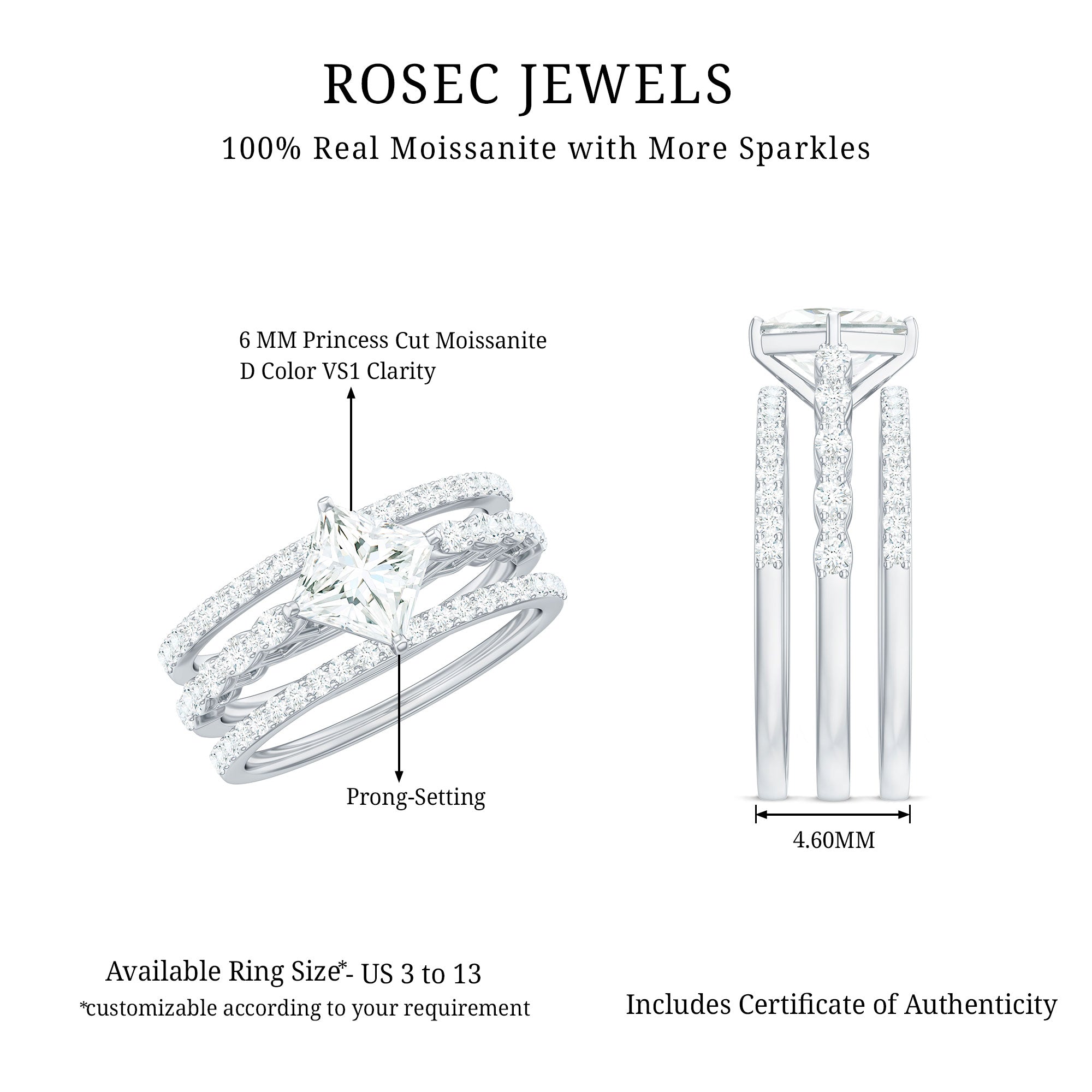 Rosec Jewels-Princess Cut Moissanite 3 Piece Bridal Ring Set