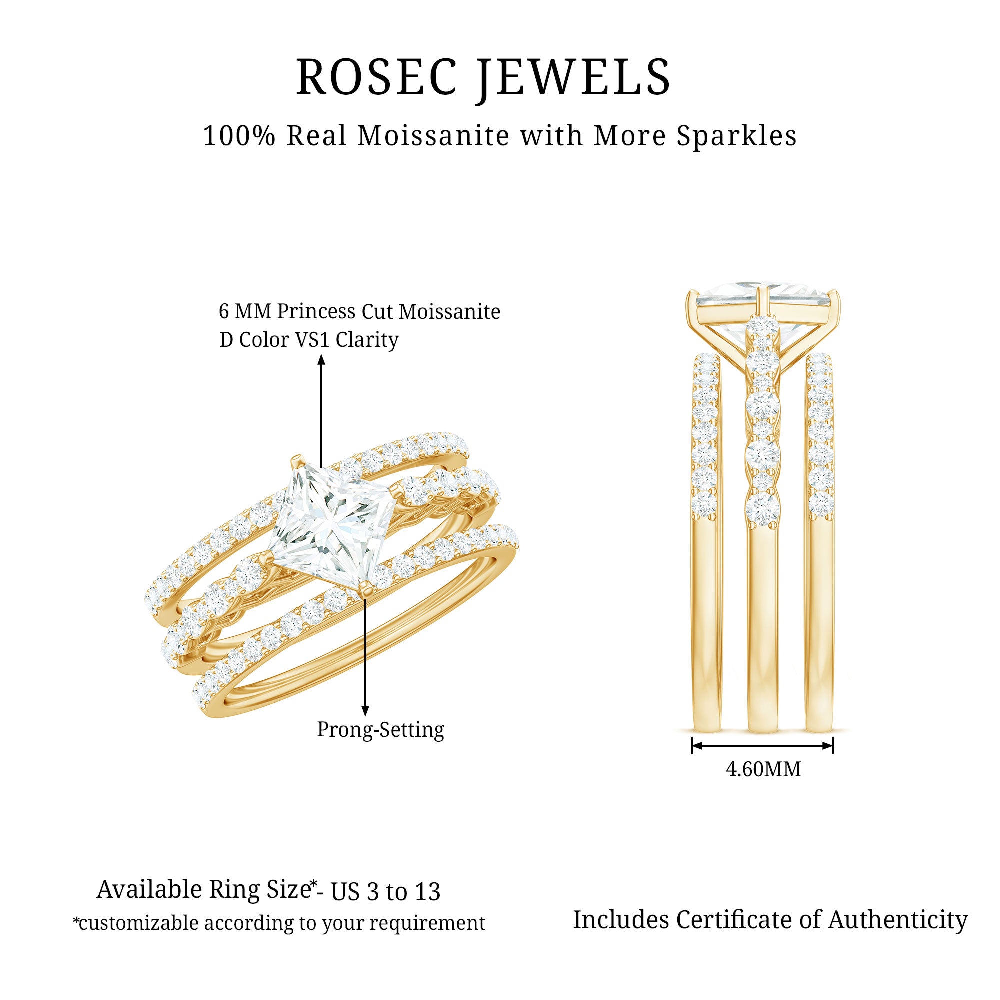 Rosec Jewels-Princess Cut Moissanite 3 Piece Bridal Ring Set