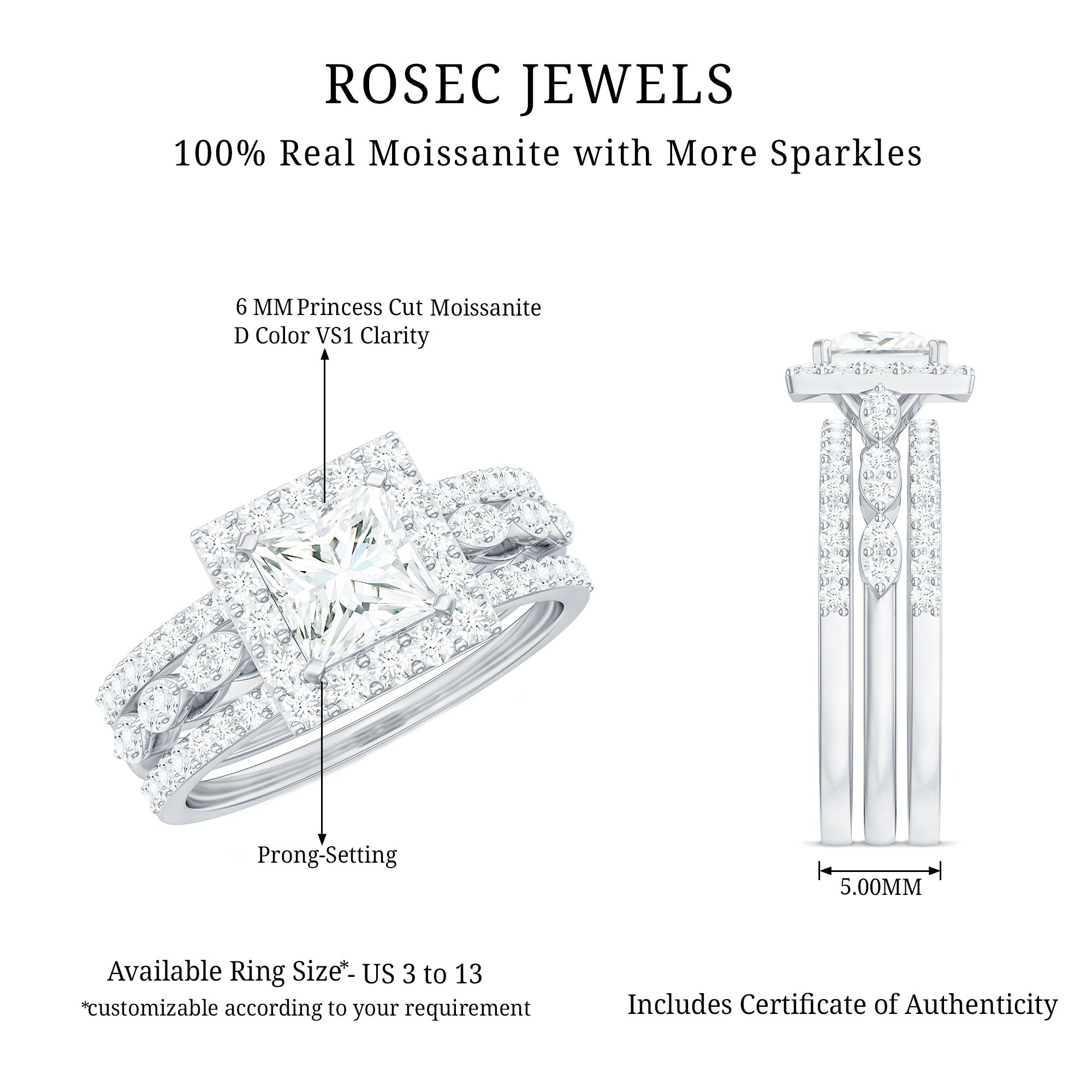 Princess Cut Moissanite Halo Engagement Ring with Wedding Bands D-VS1 - Rosec Jewels