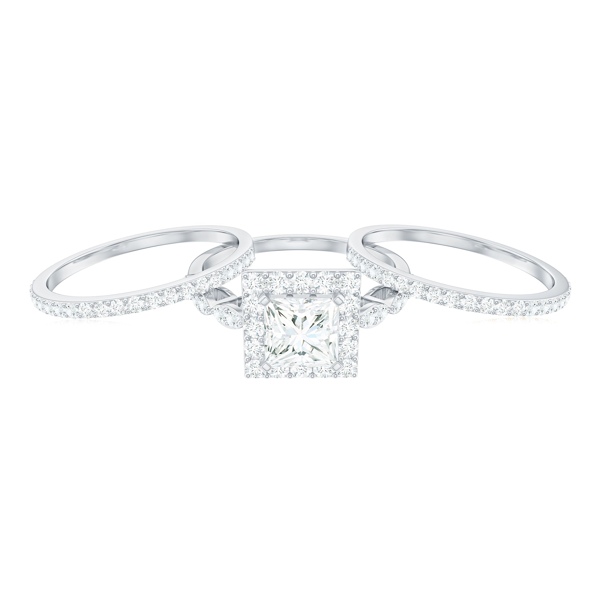 Princess Cut Moissanite Halo Engagement Ring with Wedding Bands D-VS1 - Rosec Jewels