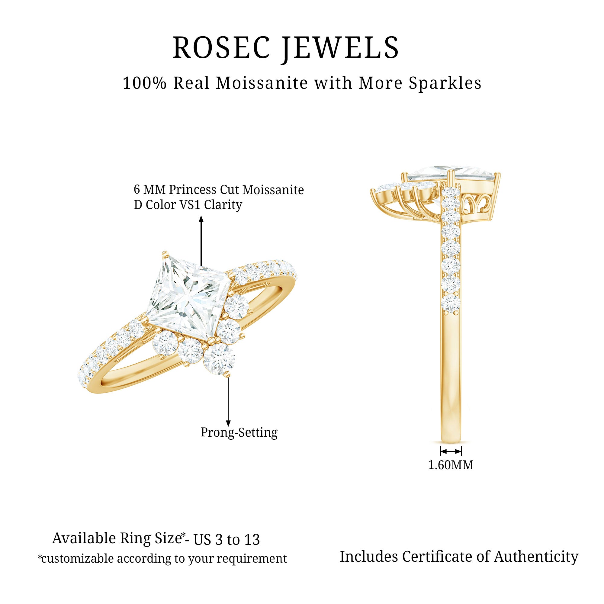 Princess Cut Moissanite Designer Engagement Ring for Women D-VS1 - Rosec Jewels