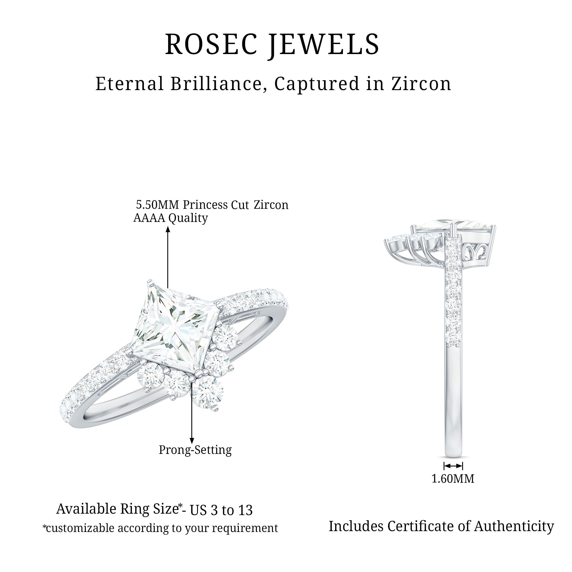 1.75 CT Princess Cut Solitaire Zircon Designer Engagement Ring AAAA - Rosec Jewels