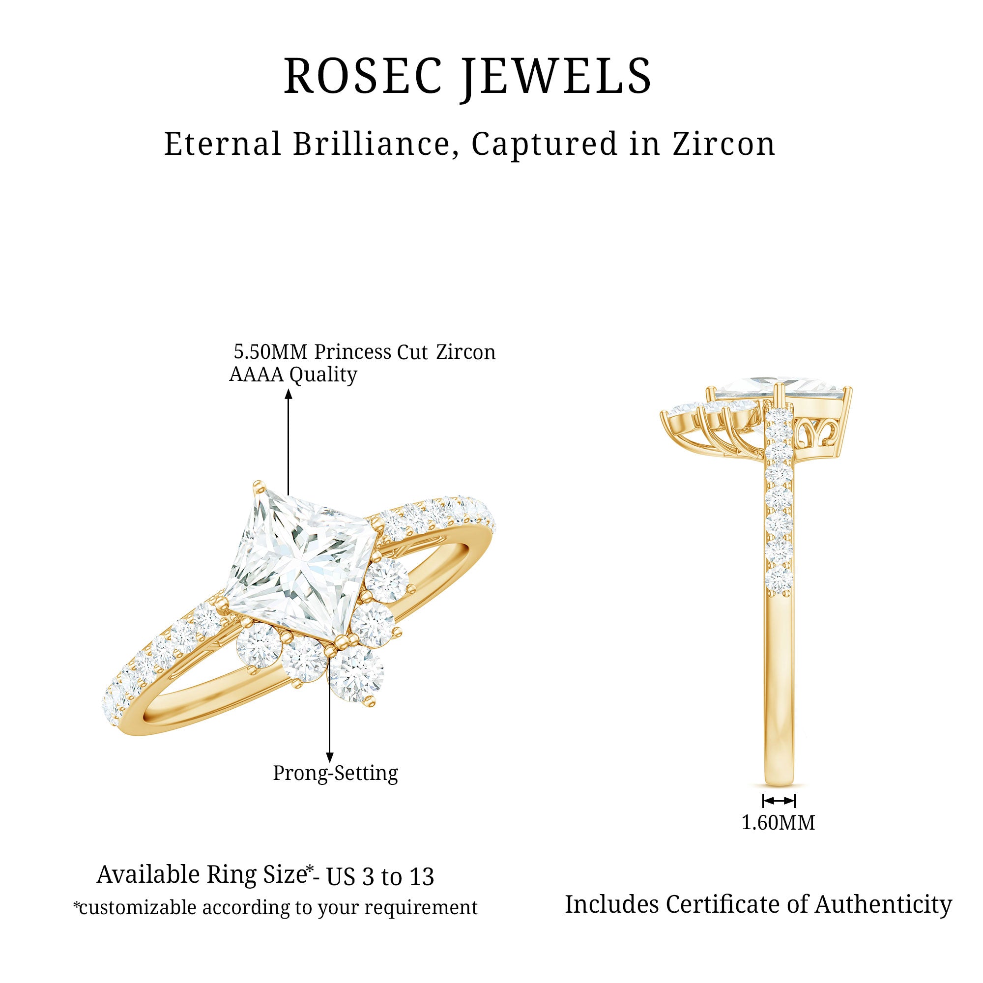 1.75 CT Princess Cut Solitaire Zircon Designer Engagement Ring AAAA - Rosec Jewels
