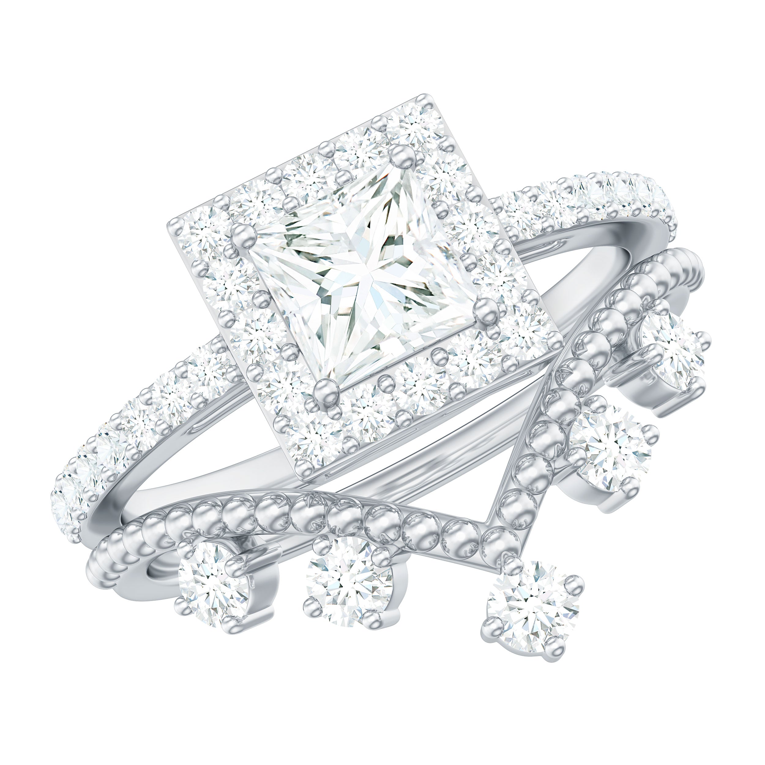 Rosec Jewels-Princess Cut Moissanite Halo Wedding Ring Set with Certificate