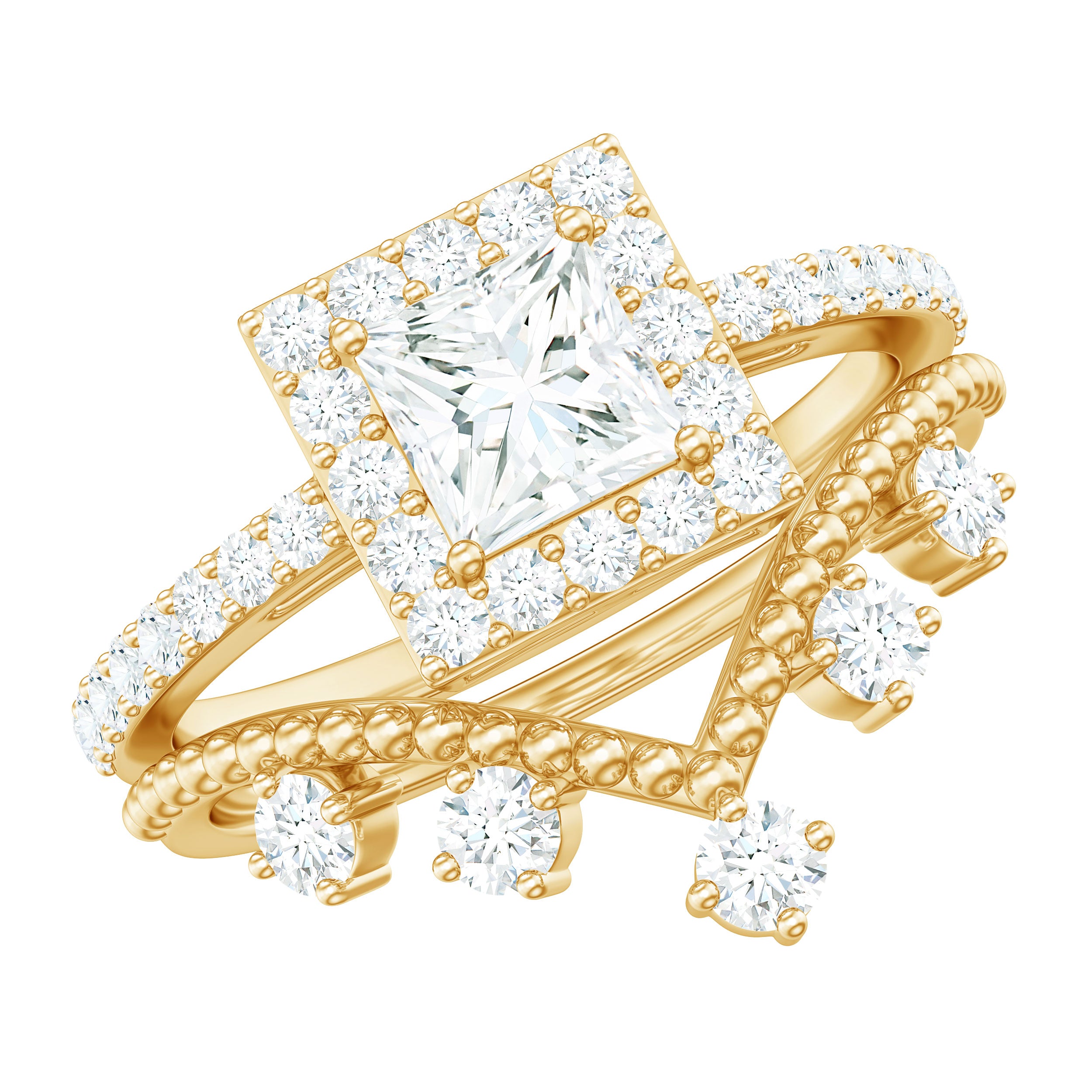 Rosec Jewels-Princess Cut Moissanite Halo Wedding Ring Set with Certificate